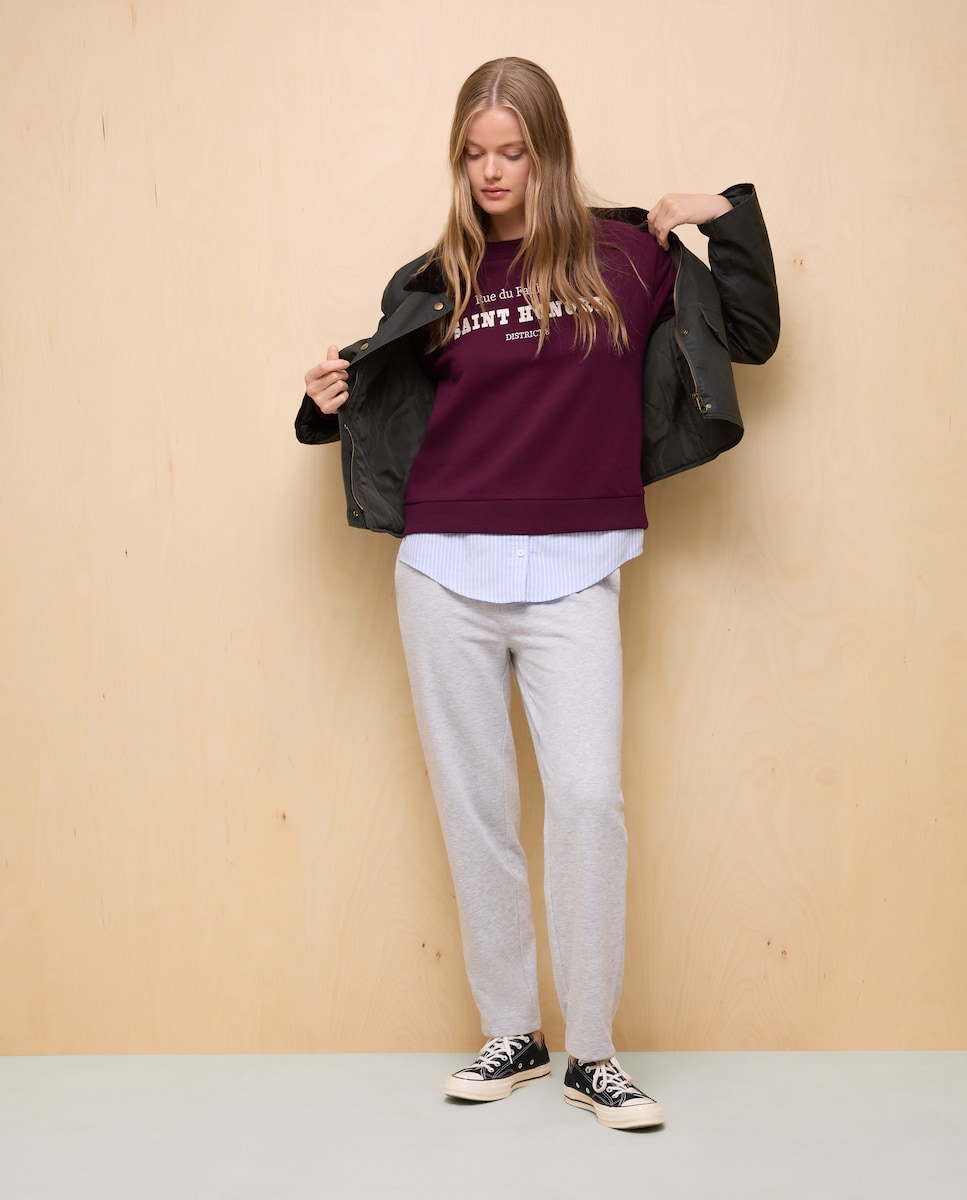 Sweatshirt de Decote Redondo com Popelina na Parte Inferior Roxo-2