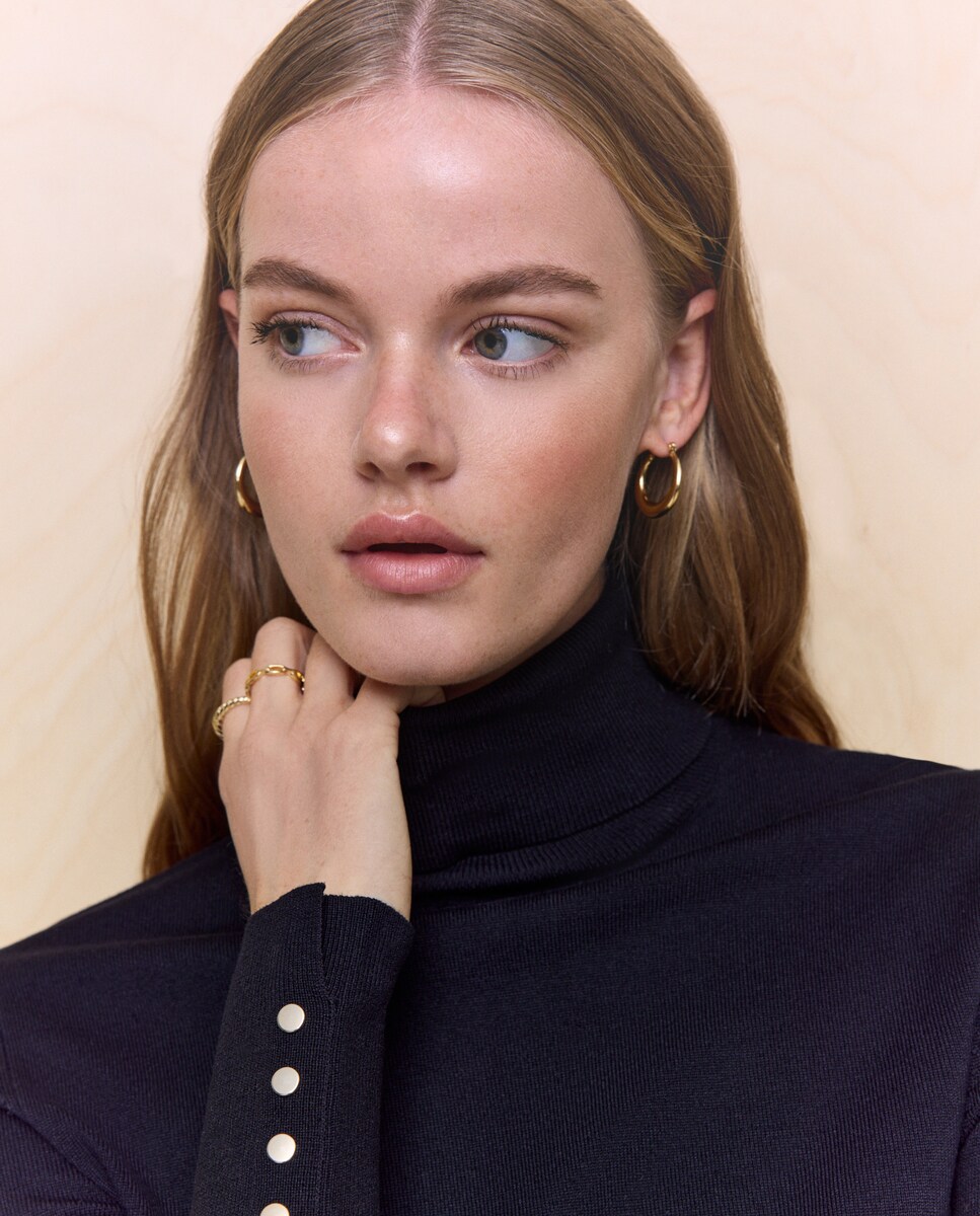 Camisola de malha básica com gola alta Preto-2