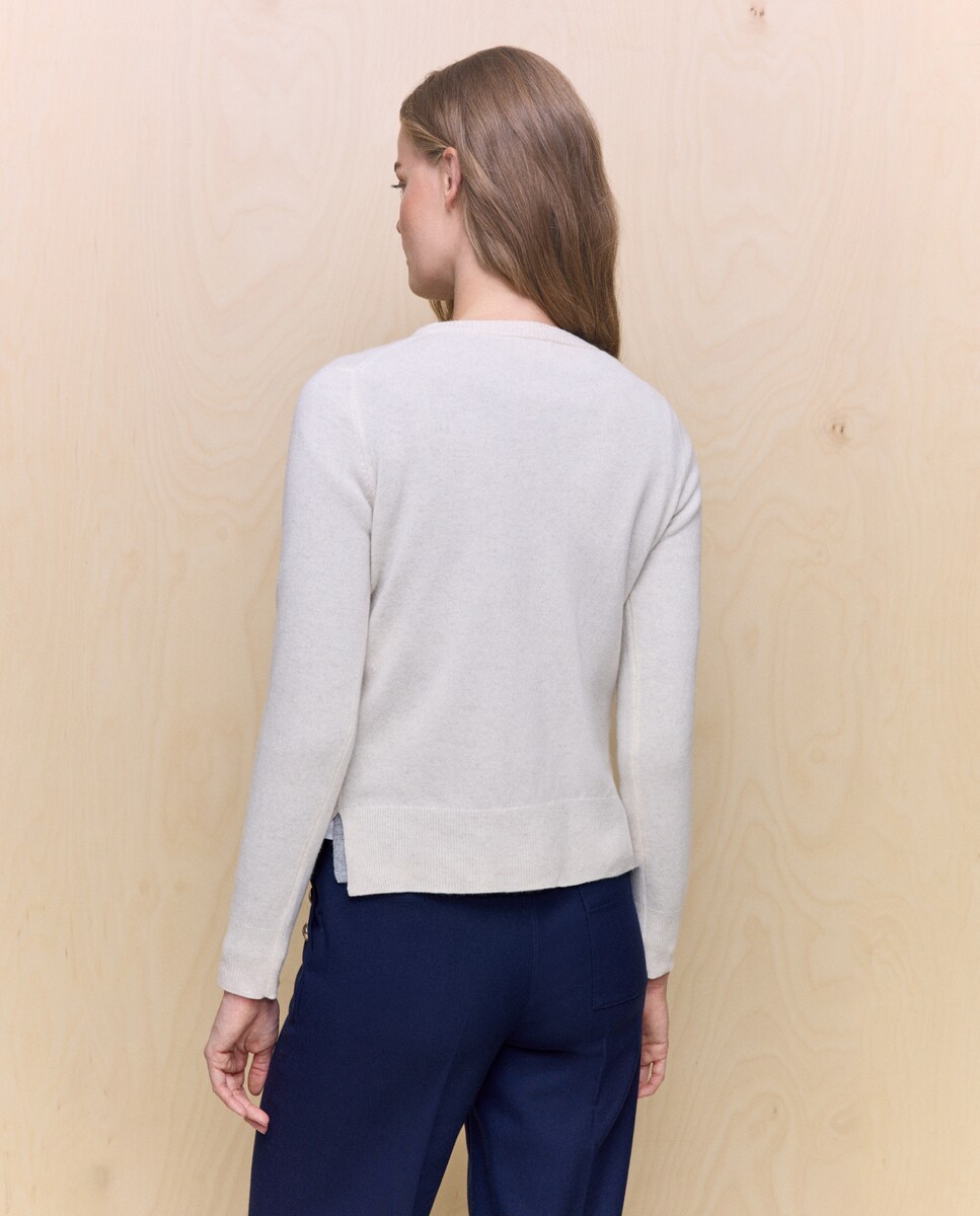 Camisola de Malha Lisa com Decote Redondo Bege-3