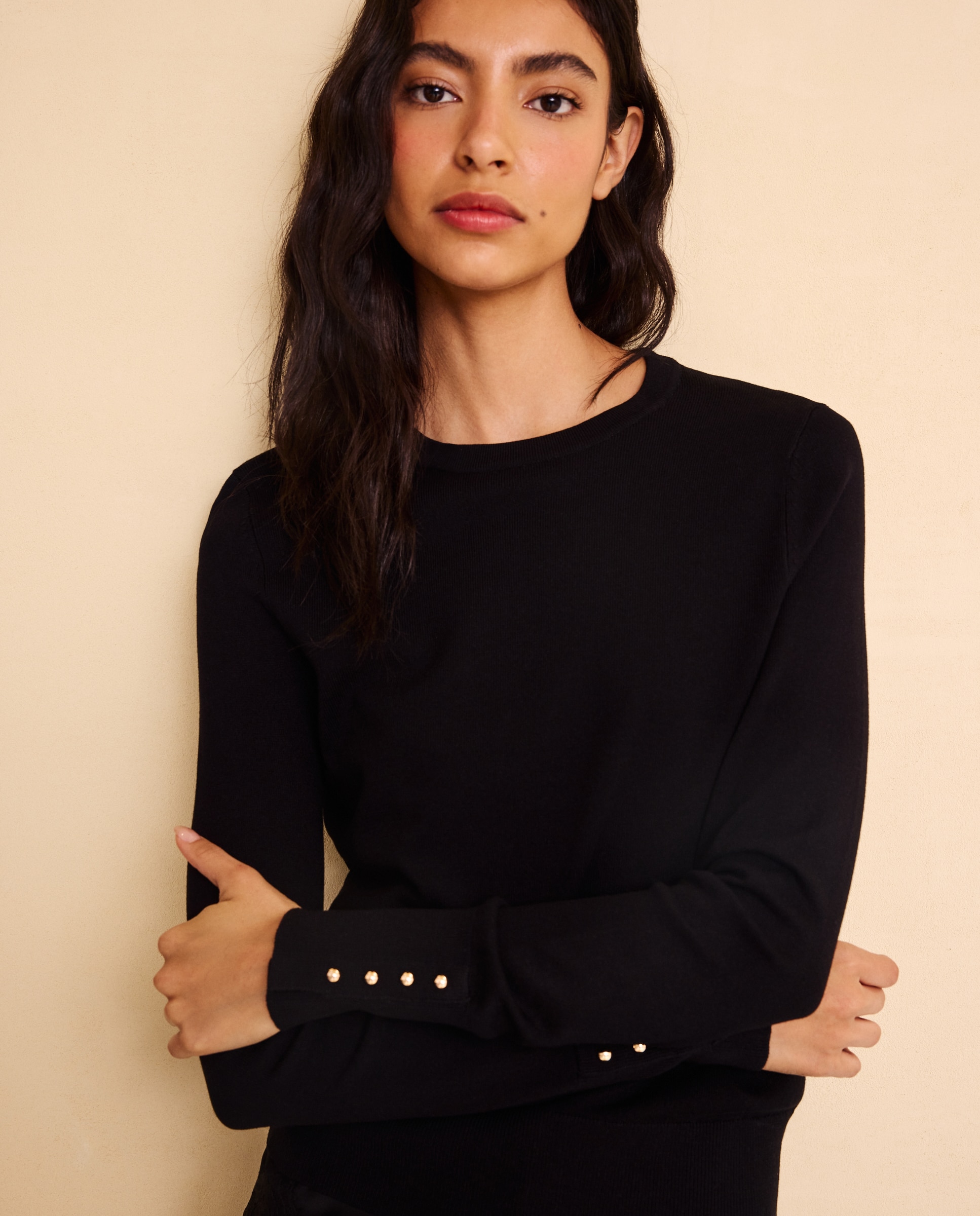 Jersey cuello redondo con detalle de botones en puño de mujer - Easy Wear - Negro Negro-2