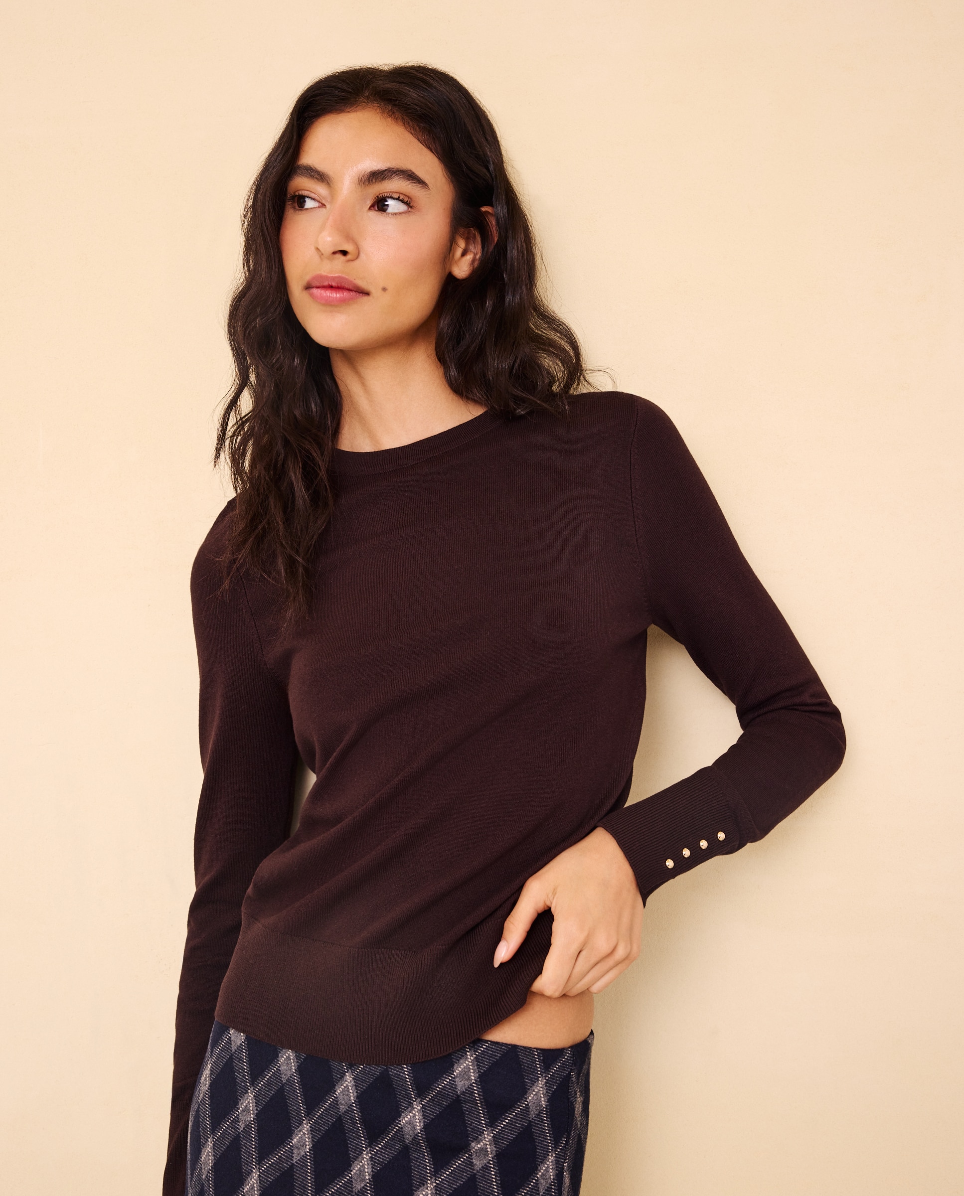 Jersey cuello redondo con detalle de botones en puño de mujer - Easy Wear - Marrón Marrón-1