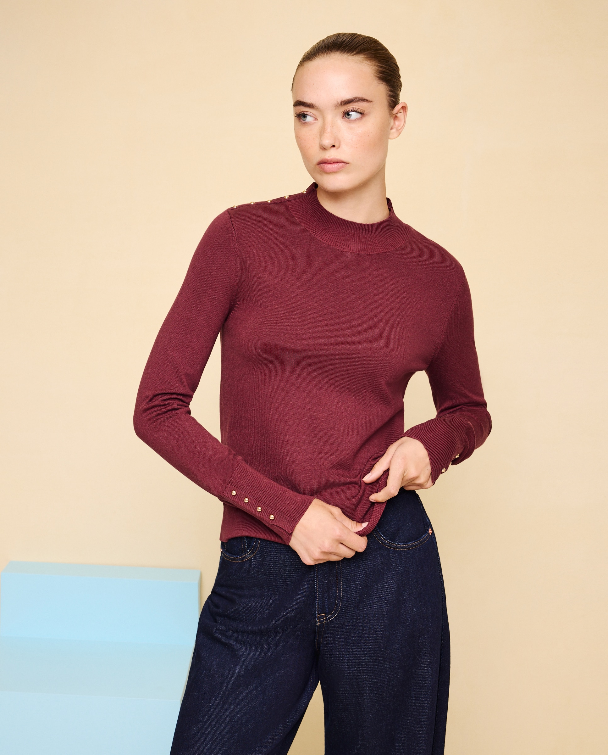 Jersey de mujer cuello perkins con botones - Easy Wear - 230 Rosa oscuro 230 Rosa oscuro-2