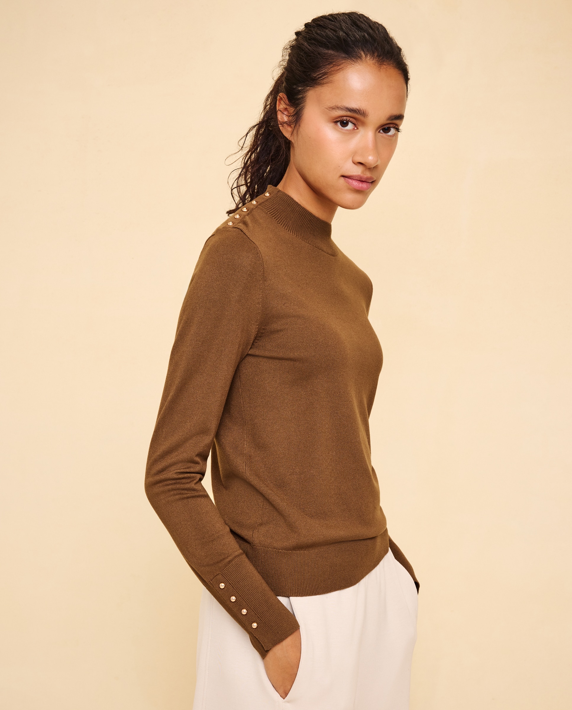 Jersey de mujer cuello perkins con botones - Easy Wear - 560 Oliva 560 Oliva-1