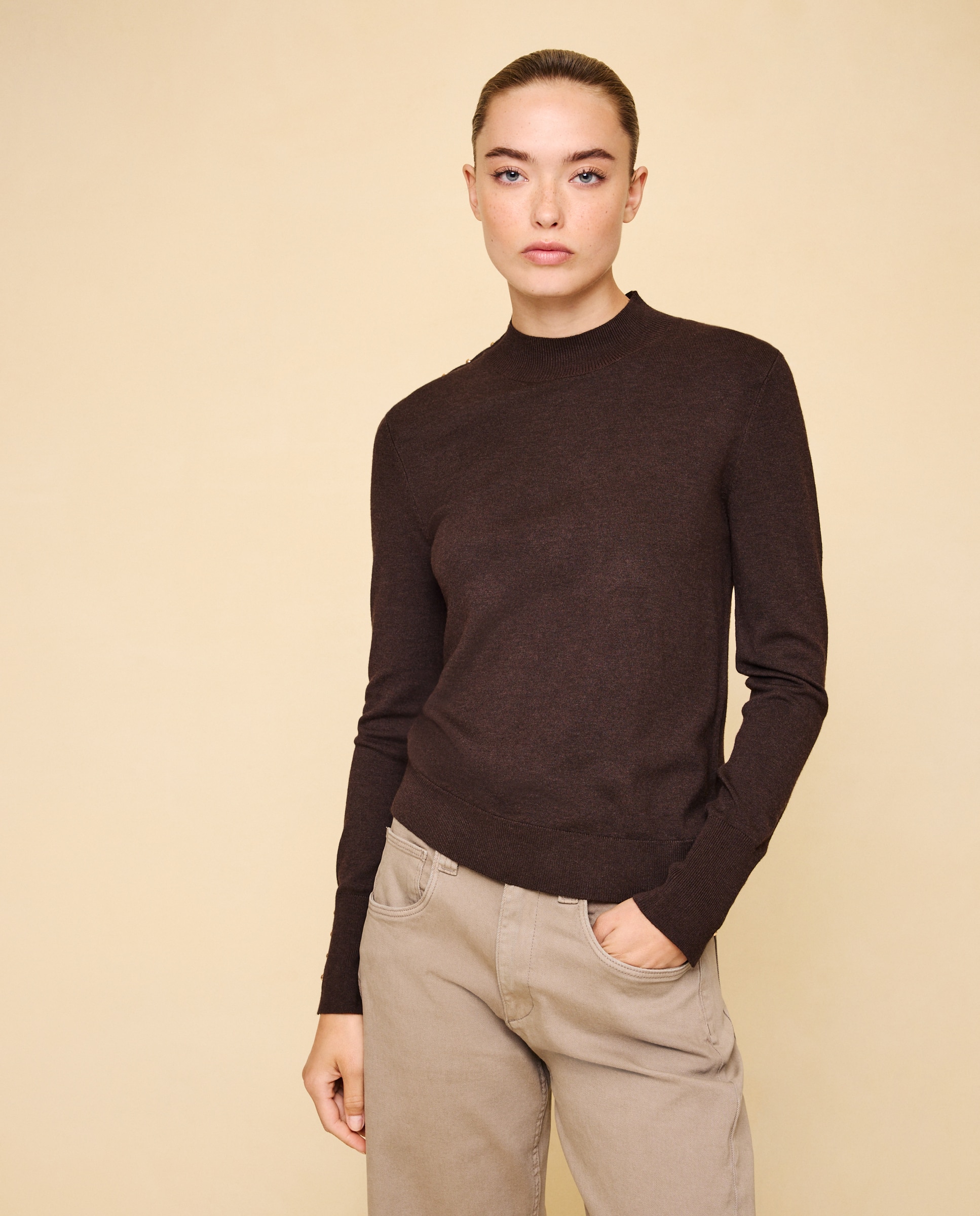 Jersey de mujer cuello perkins con botones - Easy Wear - Marrón Marrón-1