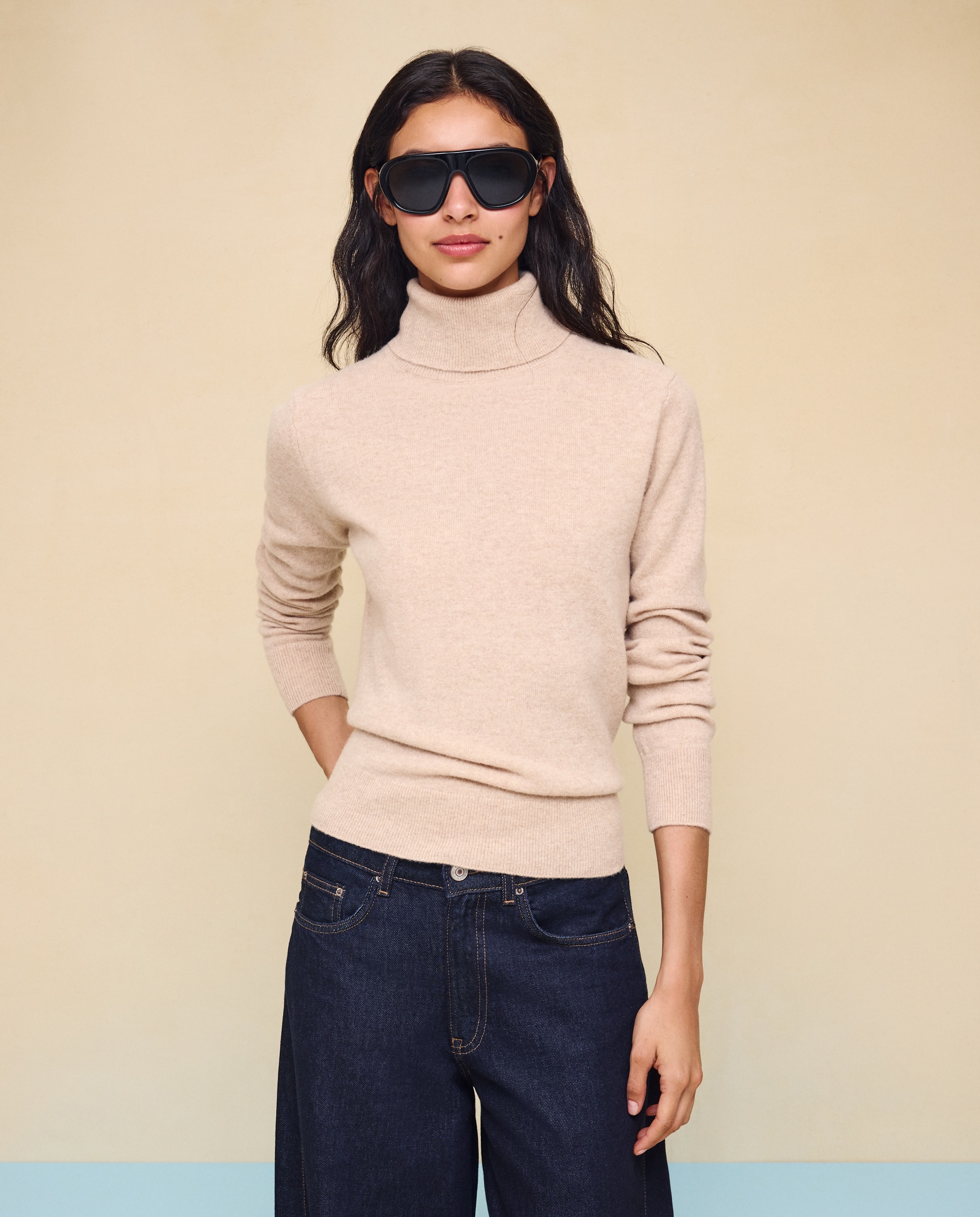 Jersey cuello vuelto en lana con cashmere de mujer. - Easy Wear - Beige Beige-1