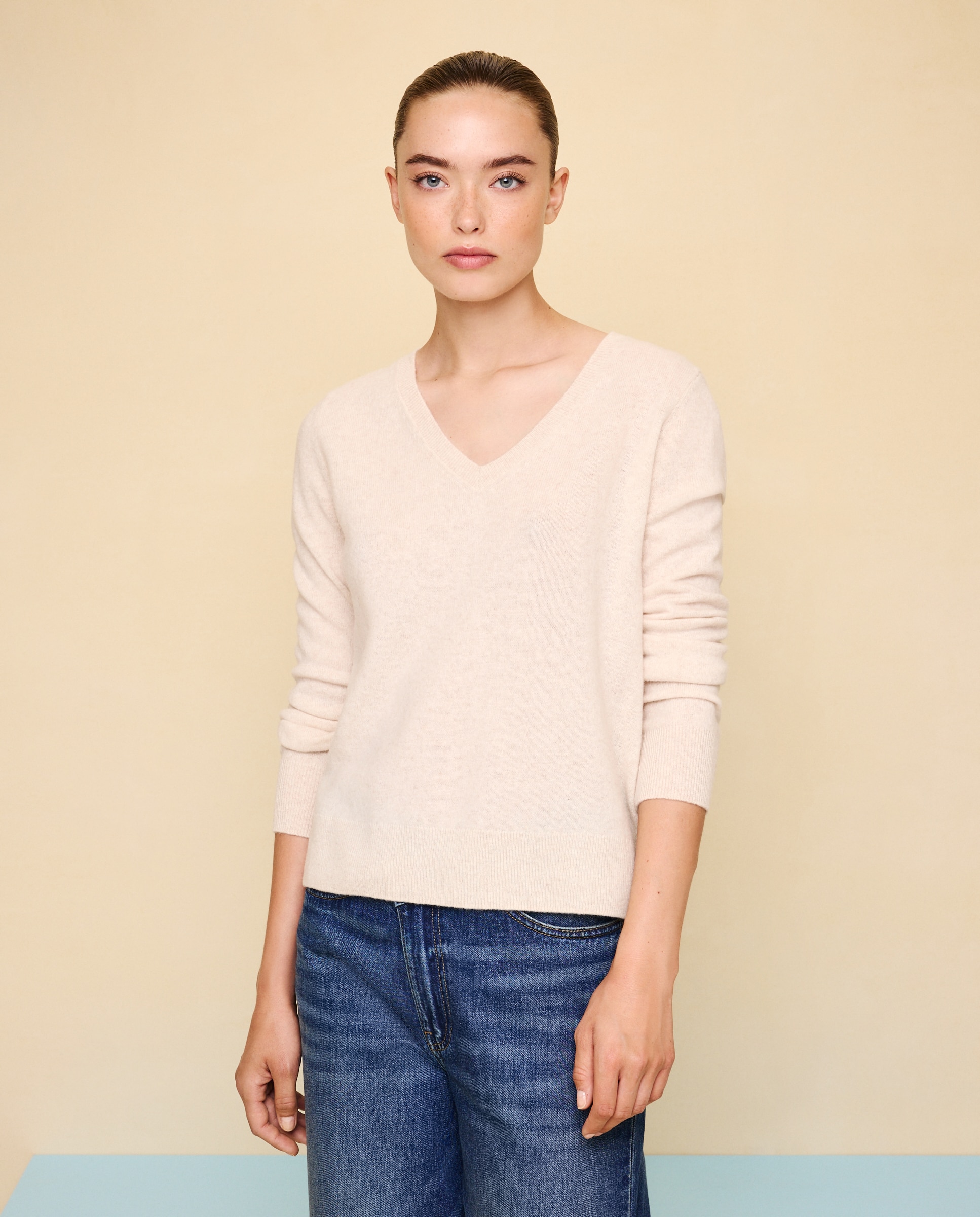 Jersey cuello pico en lana con cashmere de mujer. - Easy Wear - 120 Crudo 120 Crudo-1