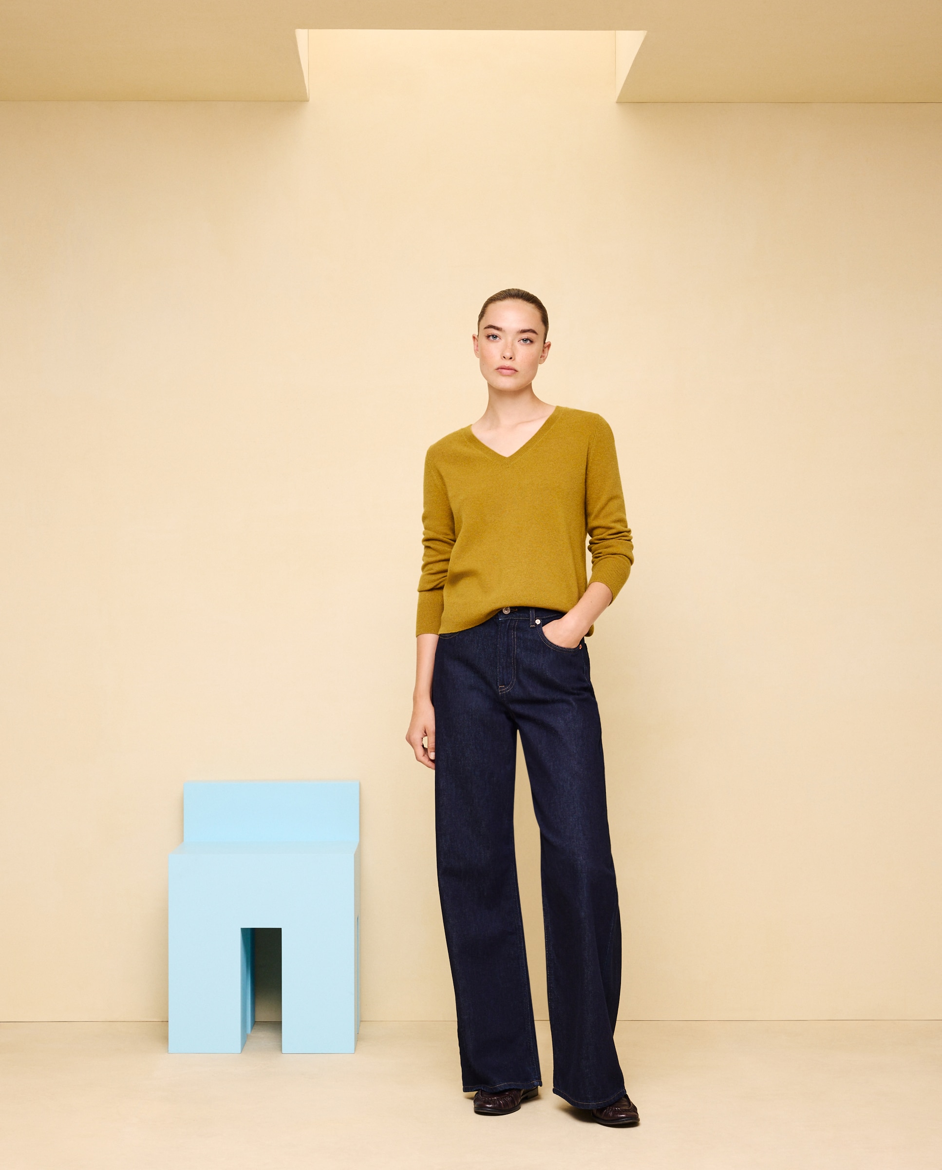 Jersey cuello pico en lana con cashmere de mujer. - Easy Wear - Pistacho Pistacho-1