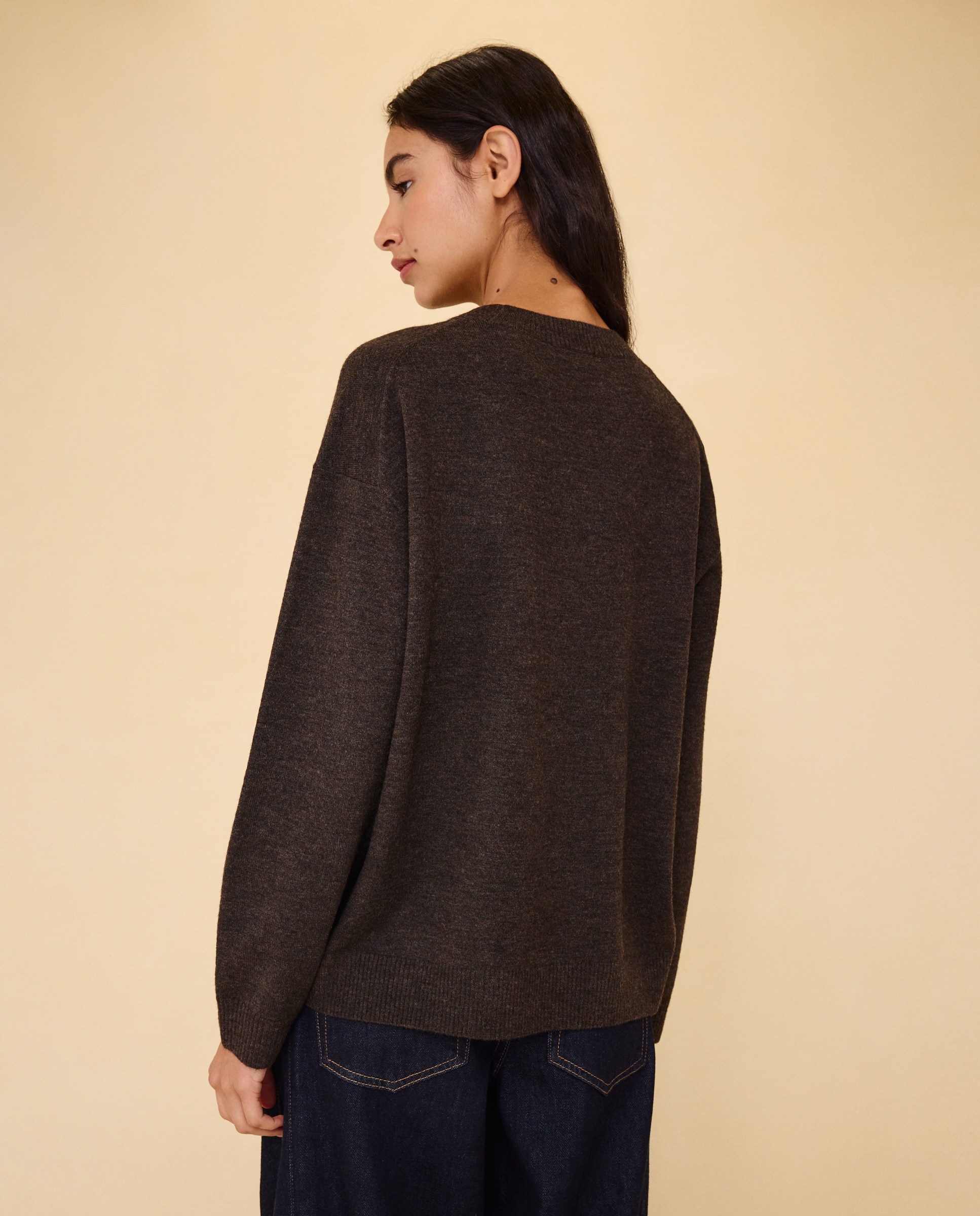 Camisola de Malha Relaxed Fit com Decote Redondo Castanho-3