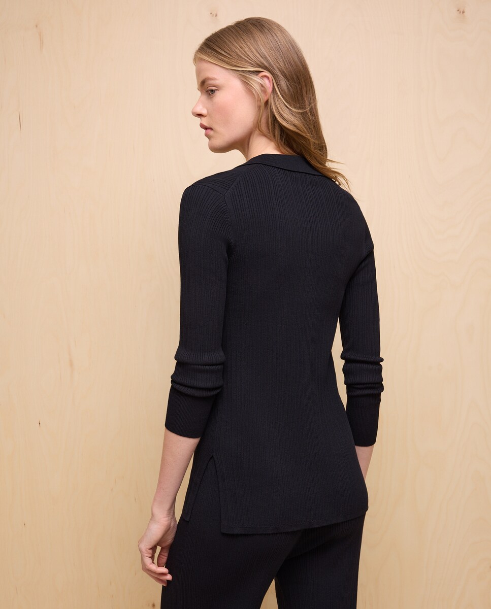 Camisola de Malha com Colarinho de Polo Canelado e Botões Preto-3