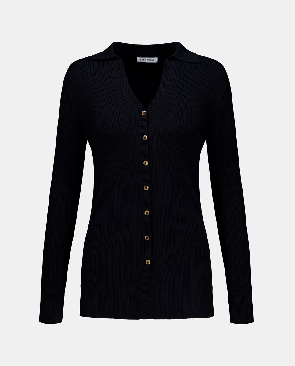 Camisola de Malha com Colarinho de Polo Canelado e Botões Preto-4