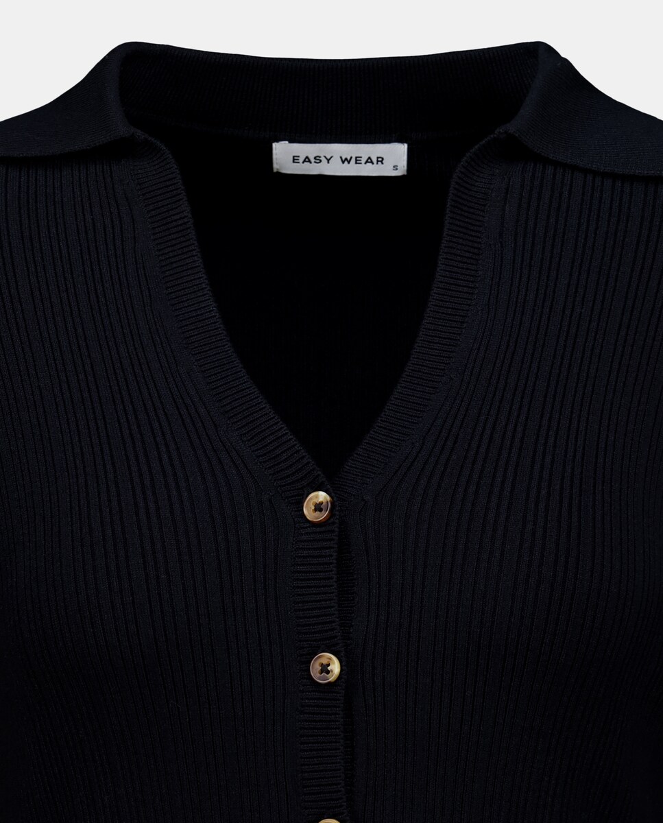 Camisola de Malha com Colarinho de Polo Canelado e Botões Preto-5