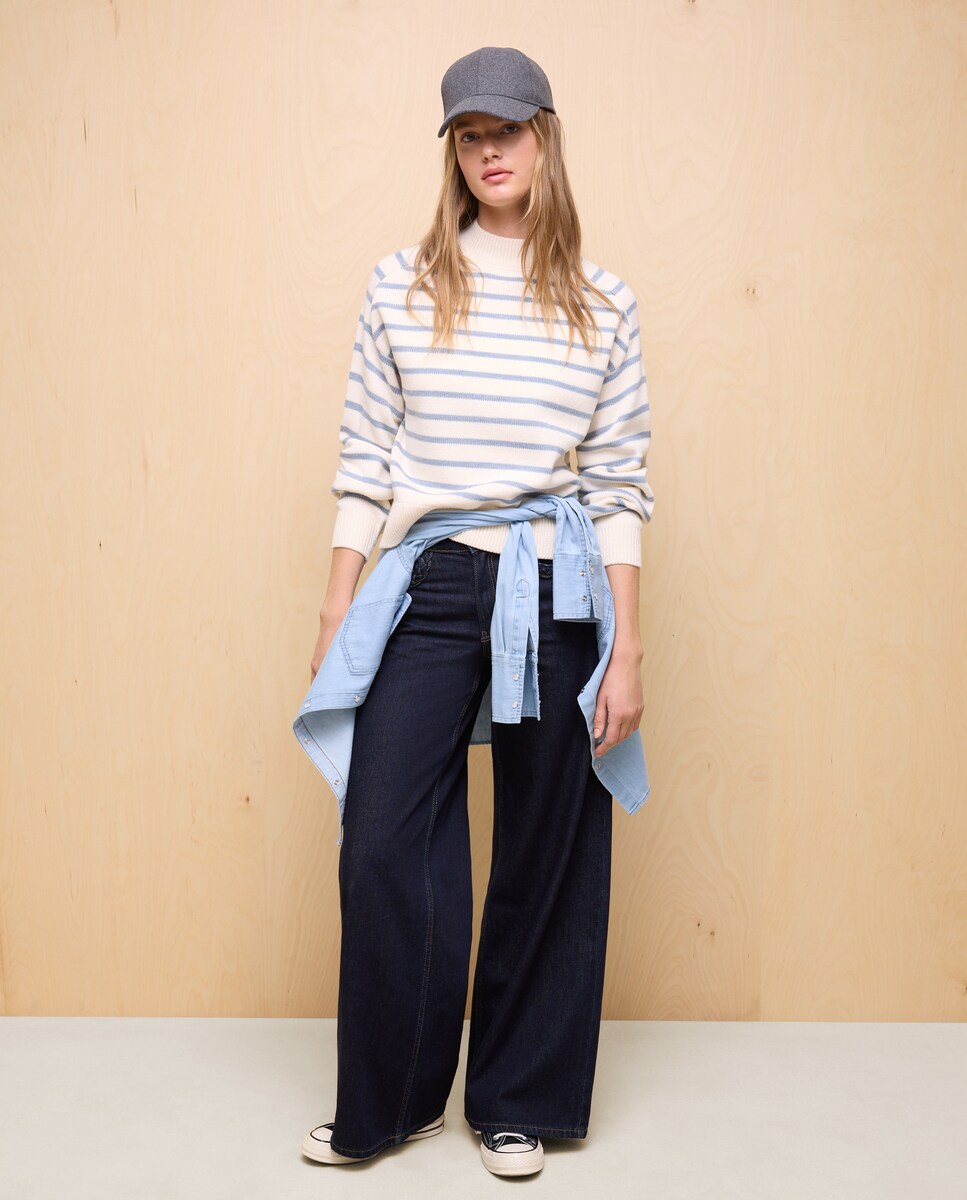 Camisola de Malha Estampada com Decote Redondo Branco-1