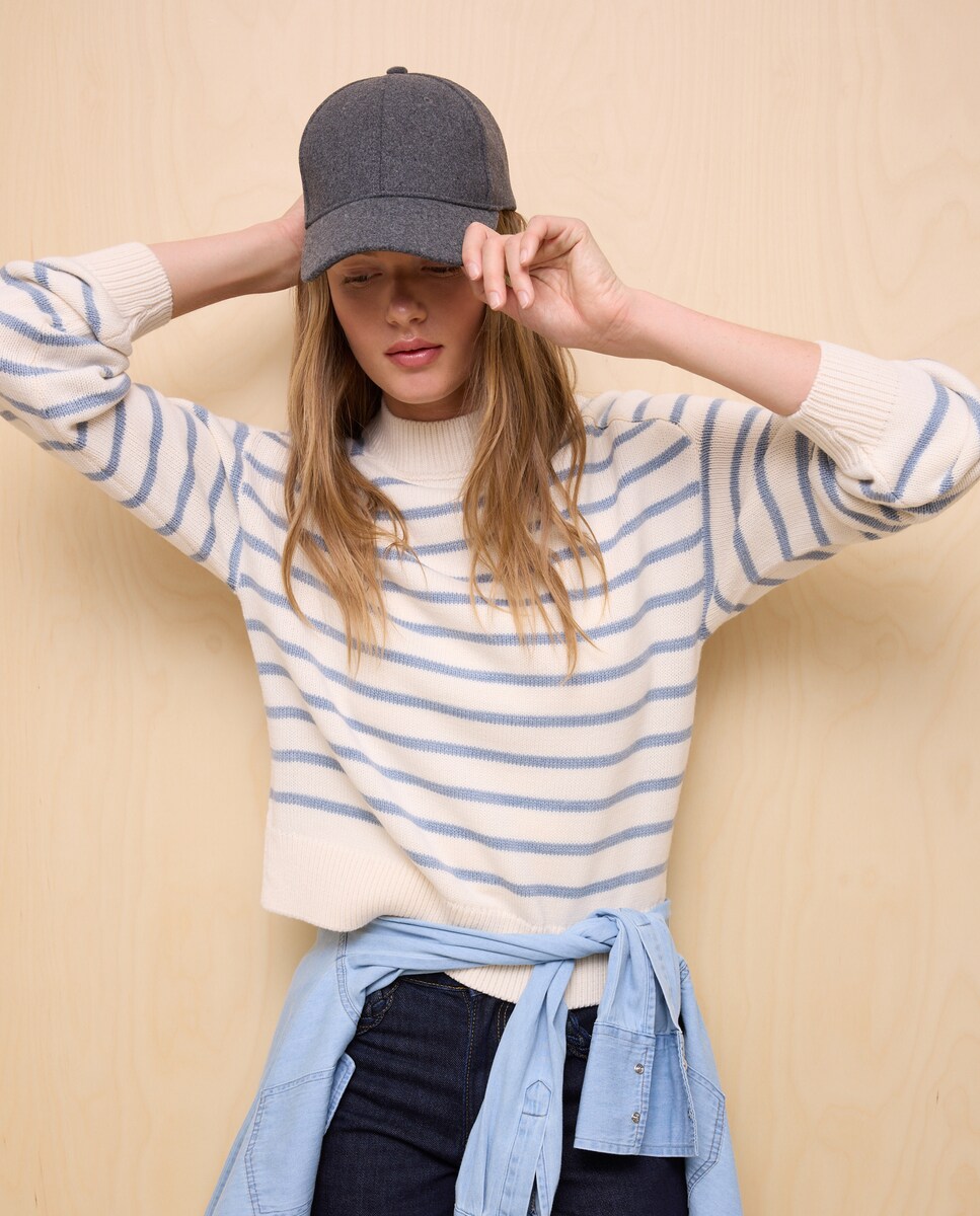 Camisola de Malha Estampada com Decote Redondo Branco-2