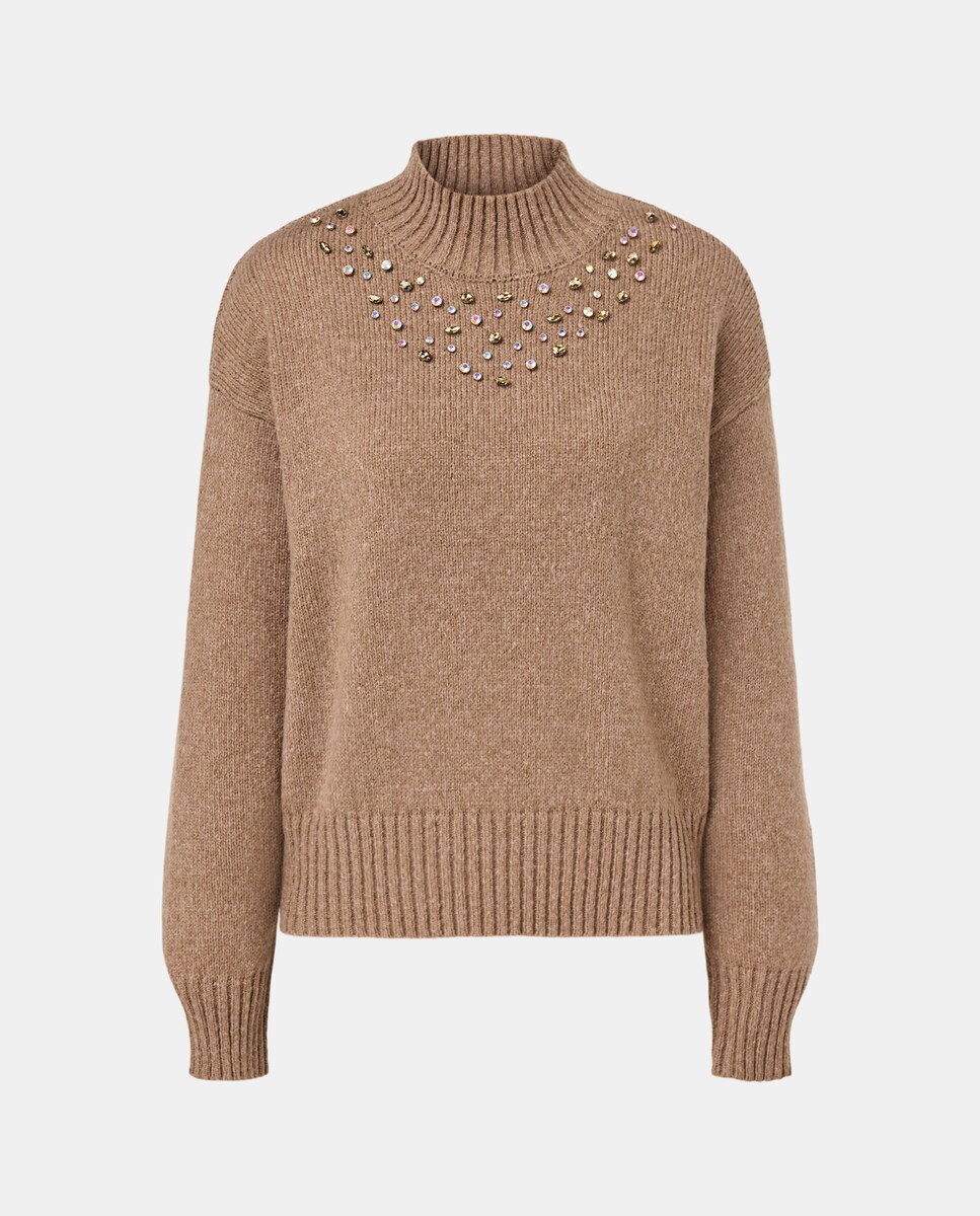 Camisola de Malha de Meia Gola com Aplique de Pedras no Peito Vison-5