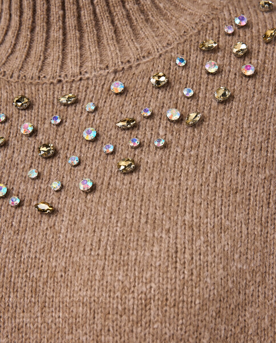 Camisola de Malha de Meia Gola com Aplique de Pedras no Peito Vison-6