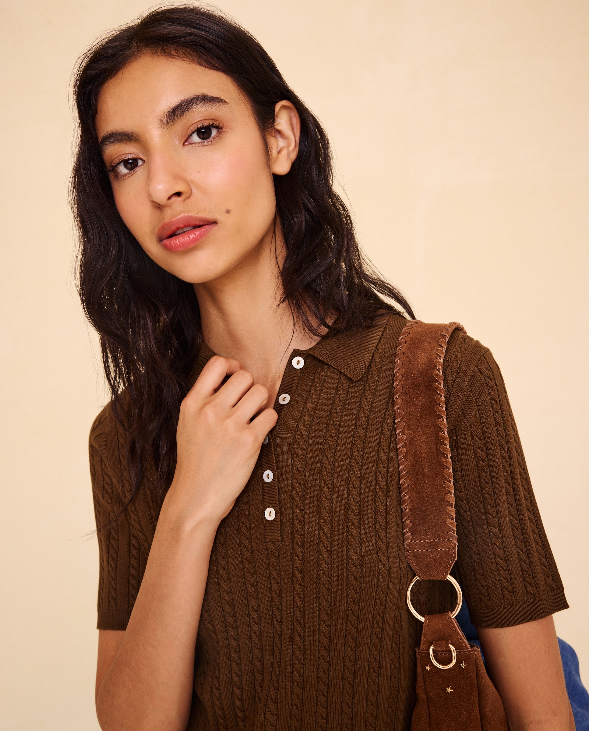 Camisola de Malha do Cabo com Colarinho de Polo 371 Óleo-1