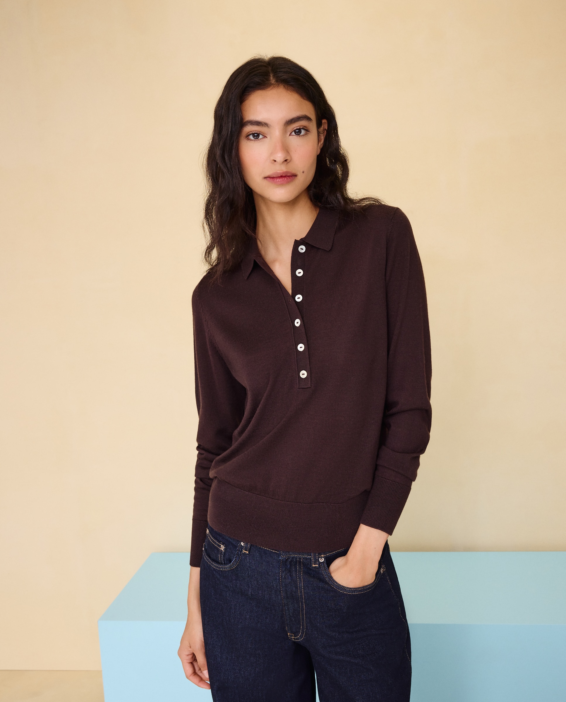 Jersey de mujer cuelllo polo con lana - Easy Wear - Marrón Marrón-2