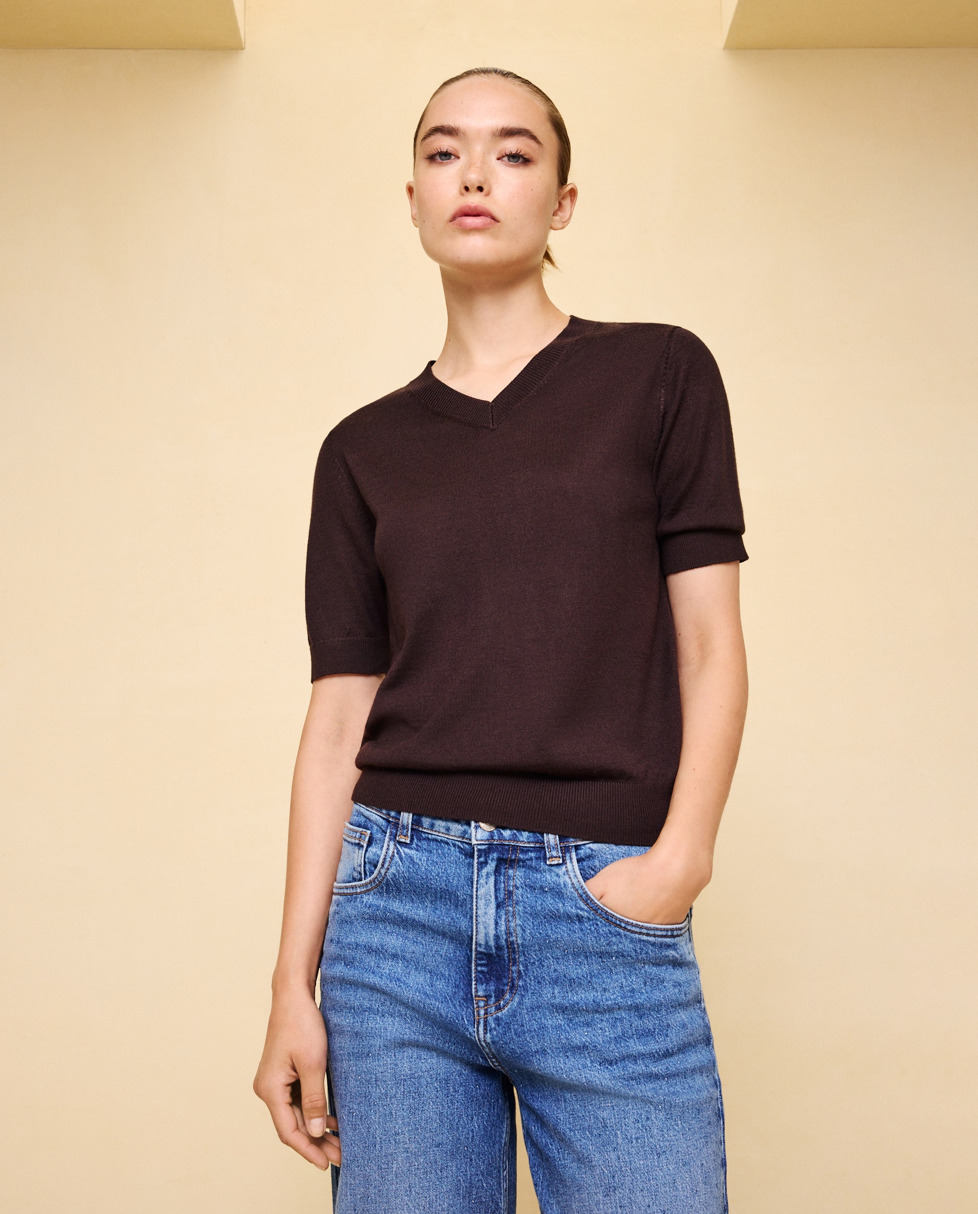 Jersey de mujer cuello pico con lana - Easy Wear - Marrón Marrón-2