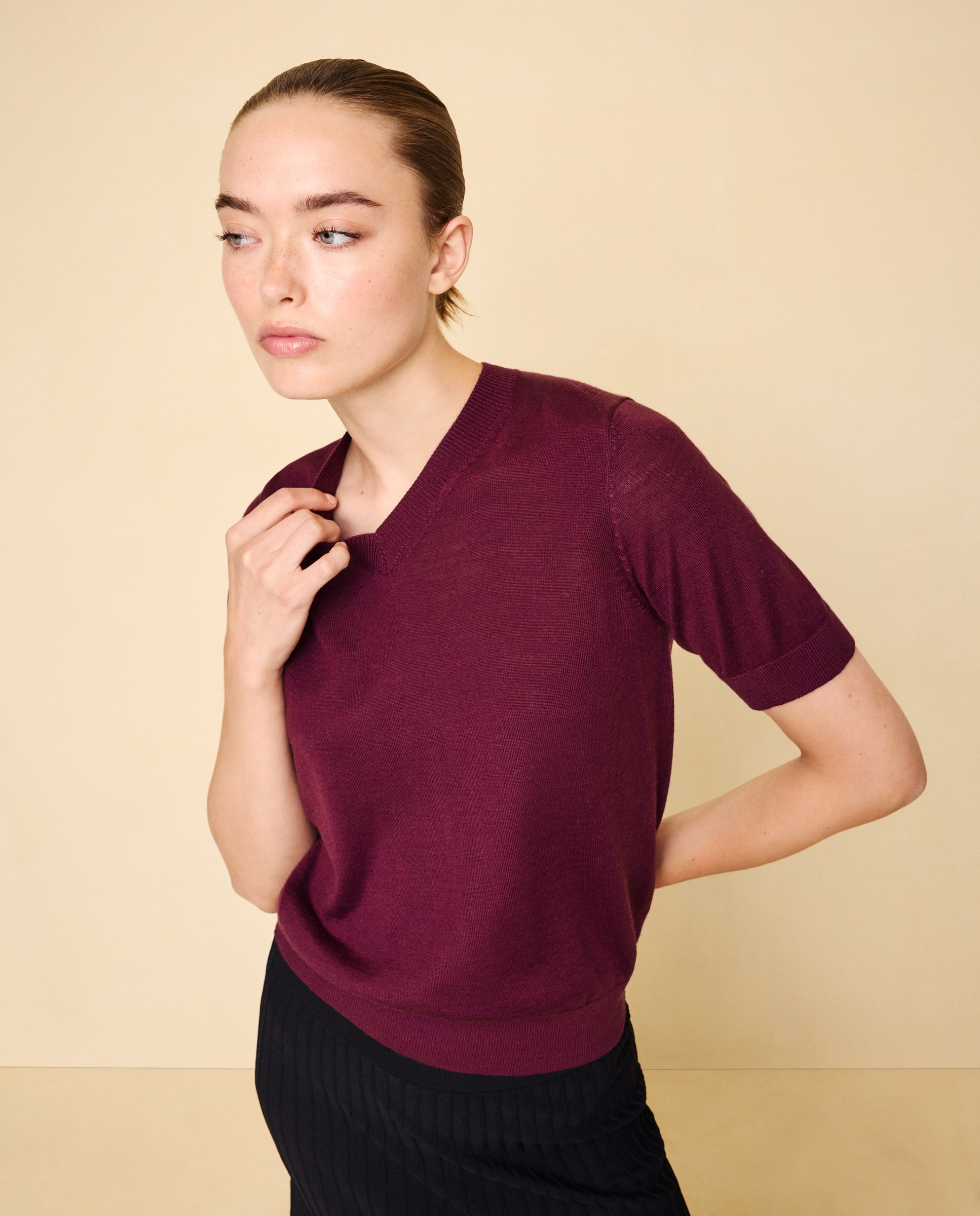 Jersey de mujer cuello pico con lana - Easy Wear - Burdeos Burdeos-1
