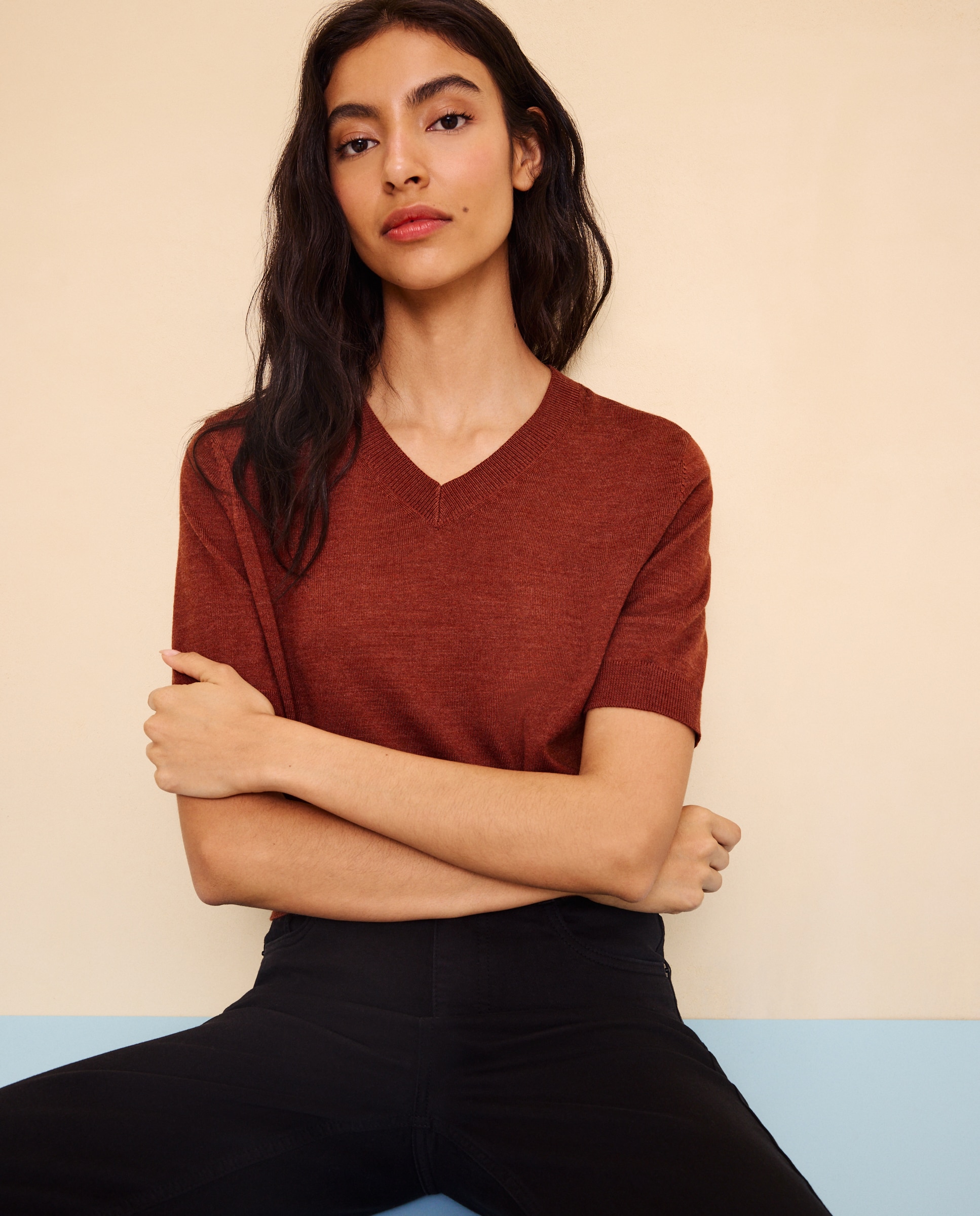 Camisola de Malha com Decote em Bico e em Lã 770 Terracota-2