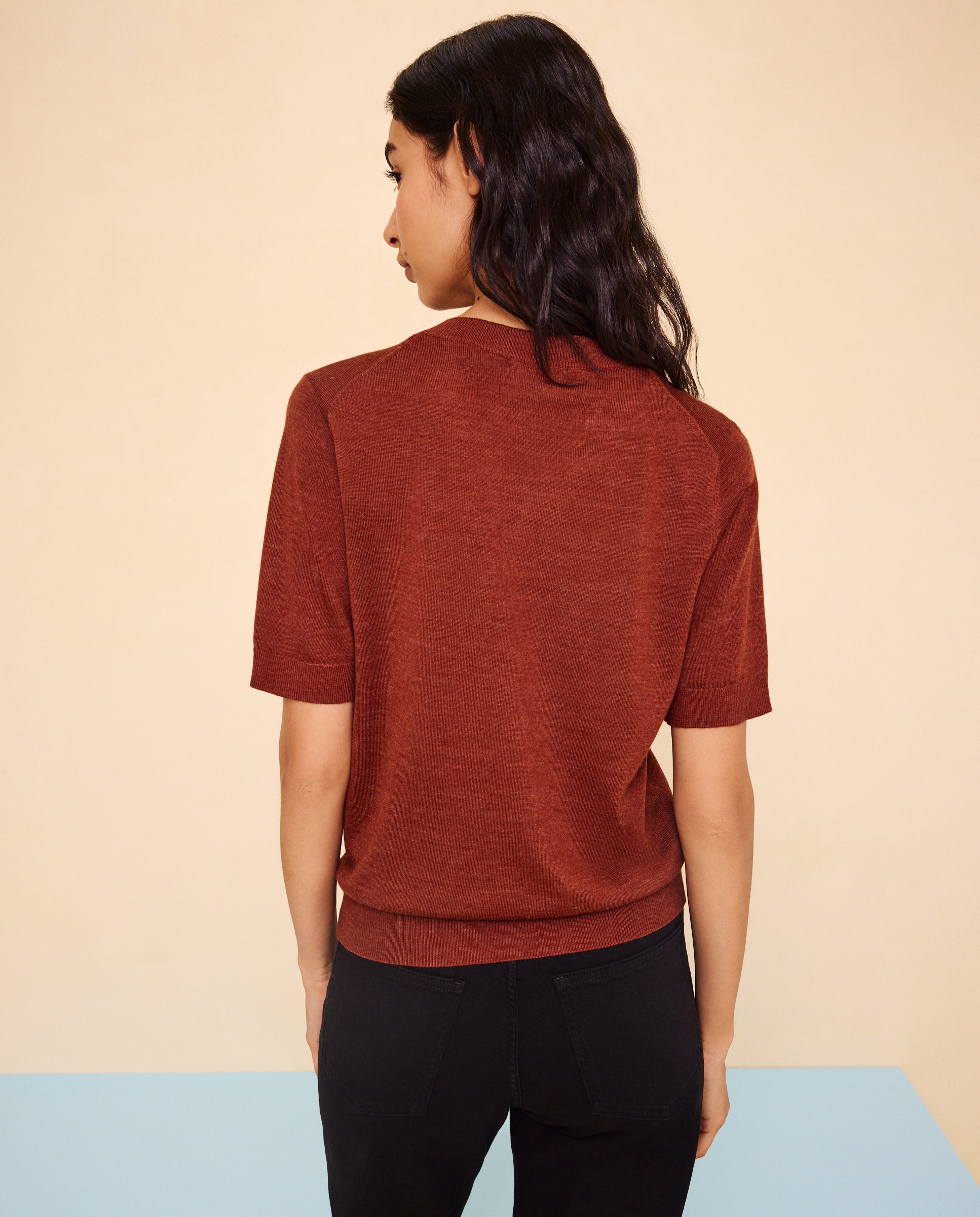 Camisola de Malha com Decote em Bico e em Lã 770 Terracota-3