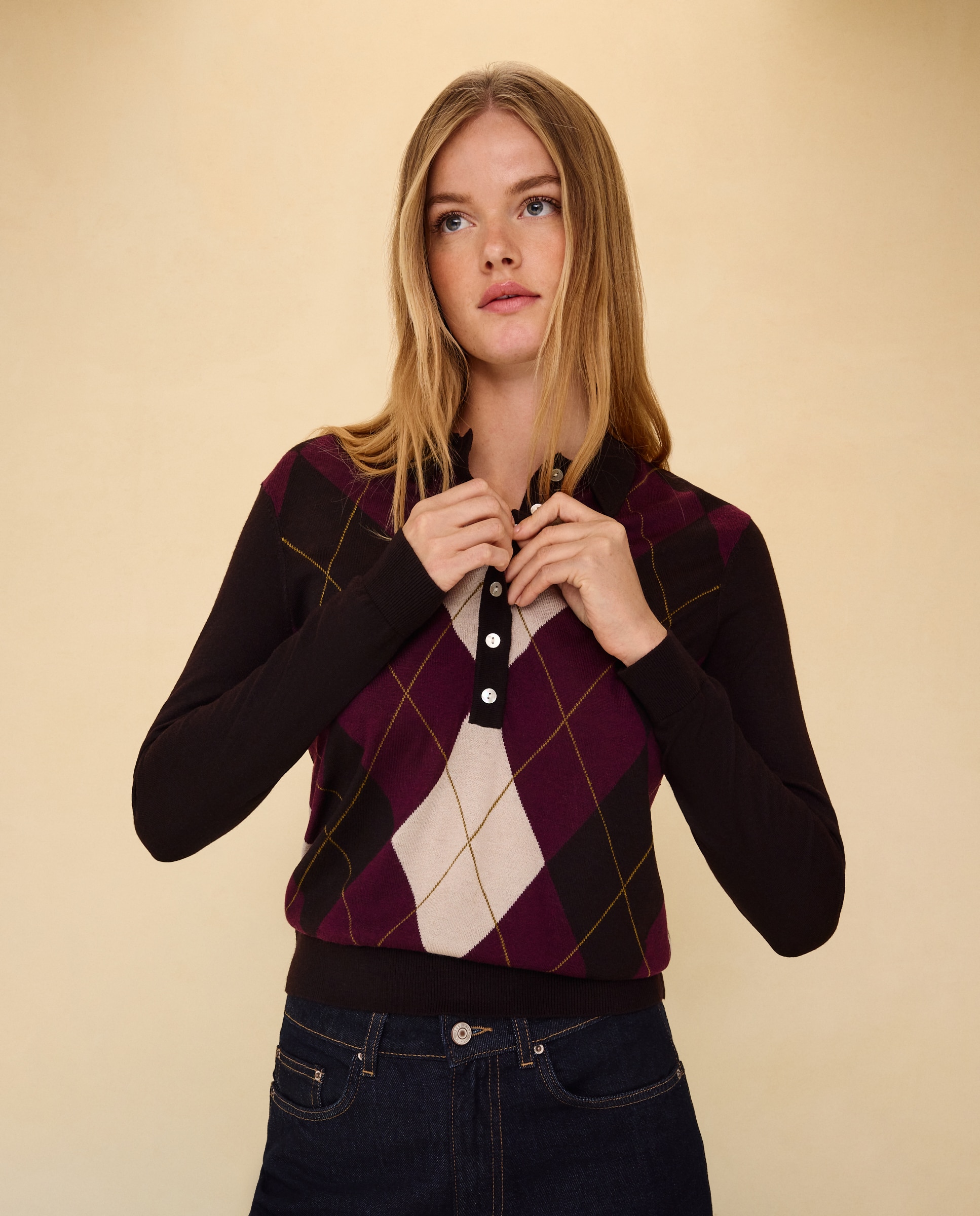 Jersey de mujer cuello polo con rombos de mujer - Easy Wear - Marrón Marrón-1