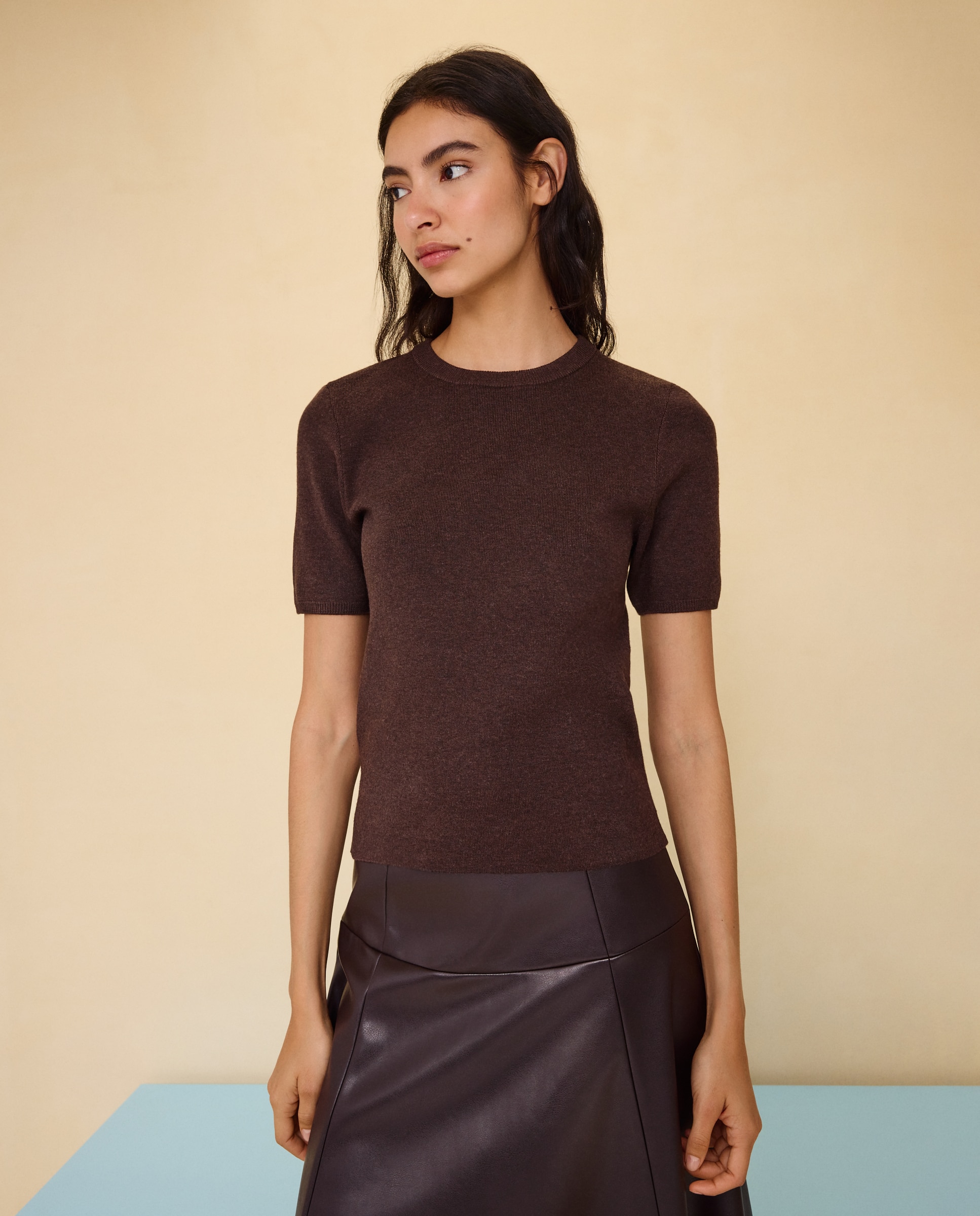 Jersey cuello redondo manga corta soft de mujer. - Easy Wear - Marrón Marrón-1