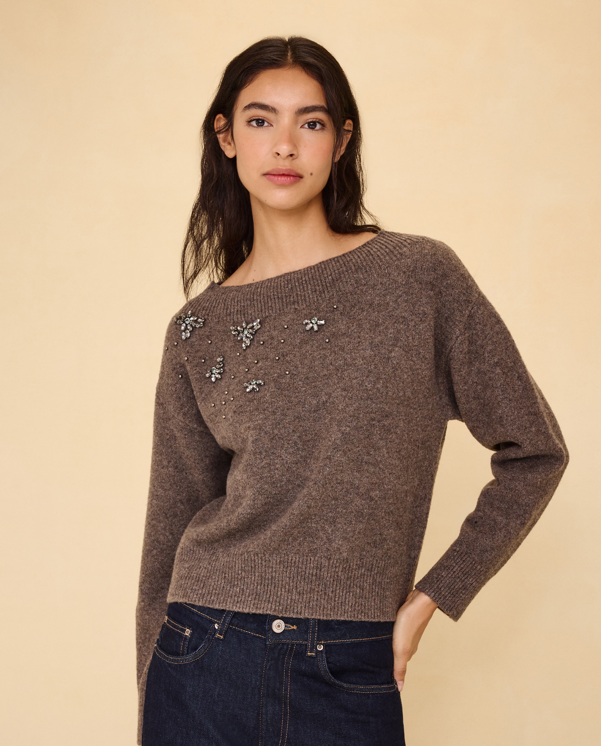 Jersey cuello redondo con aplicación piedras de mujer - Easy Wear - Visón oscuro Visón oscuro-2
