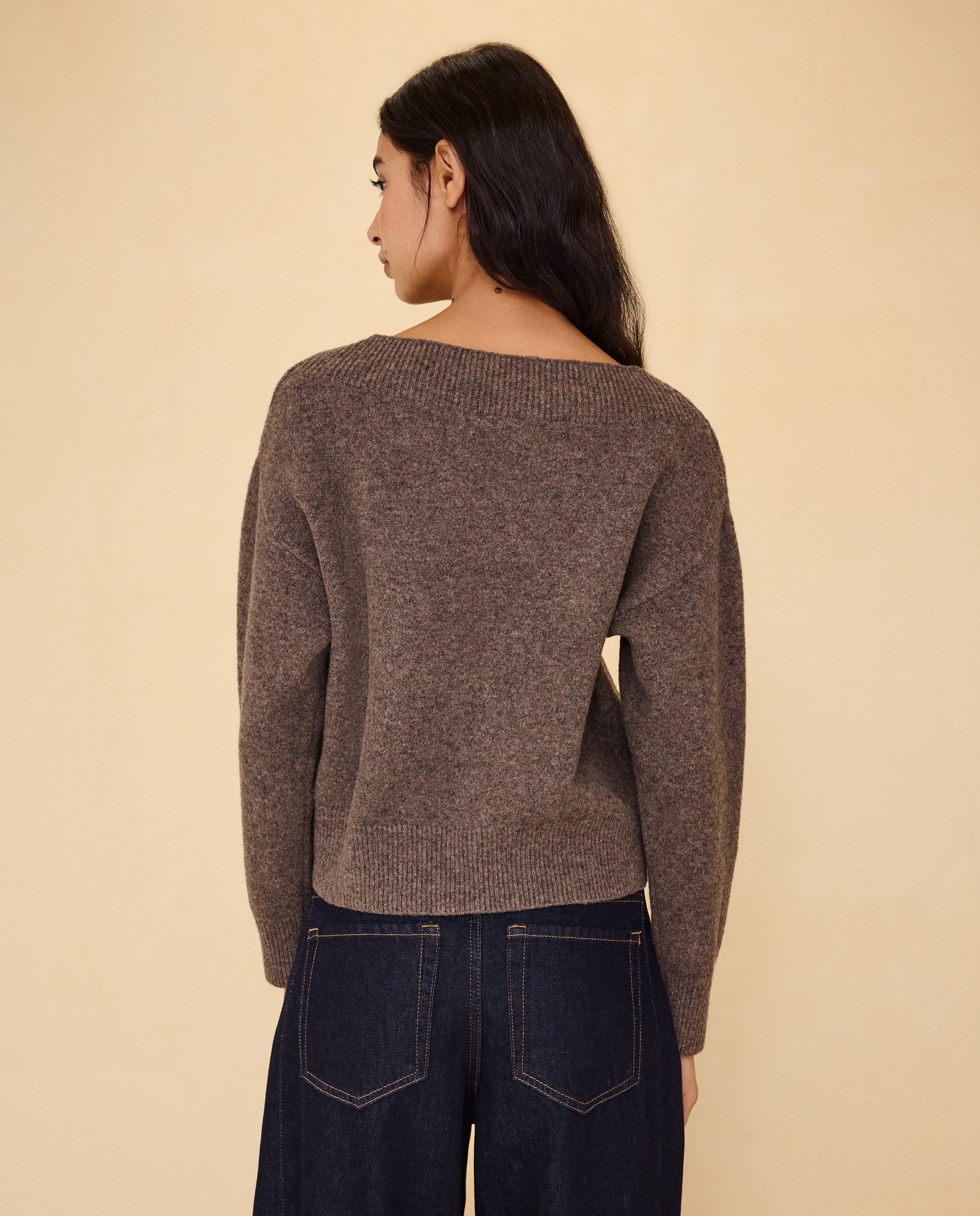 Jersey cuello redondo con aplicación piedras de mujer - Easy Wear - Visón oscuro Visón oscuro-4