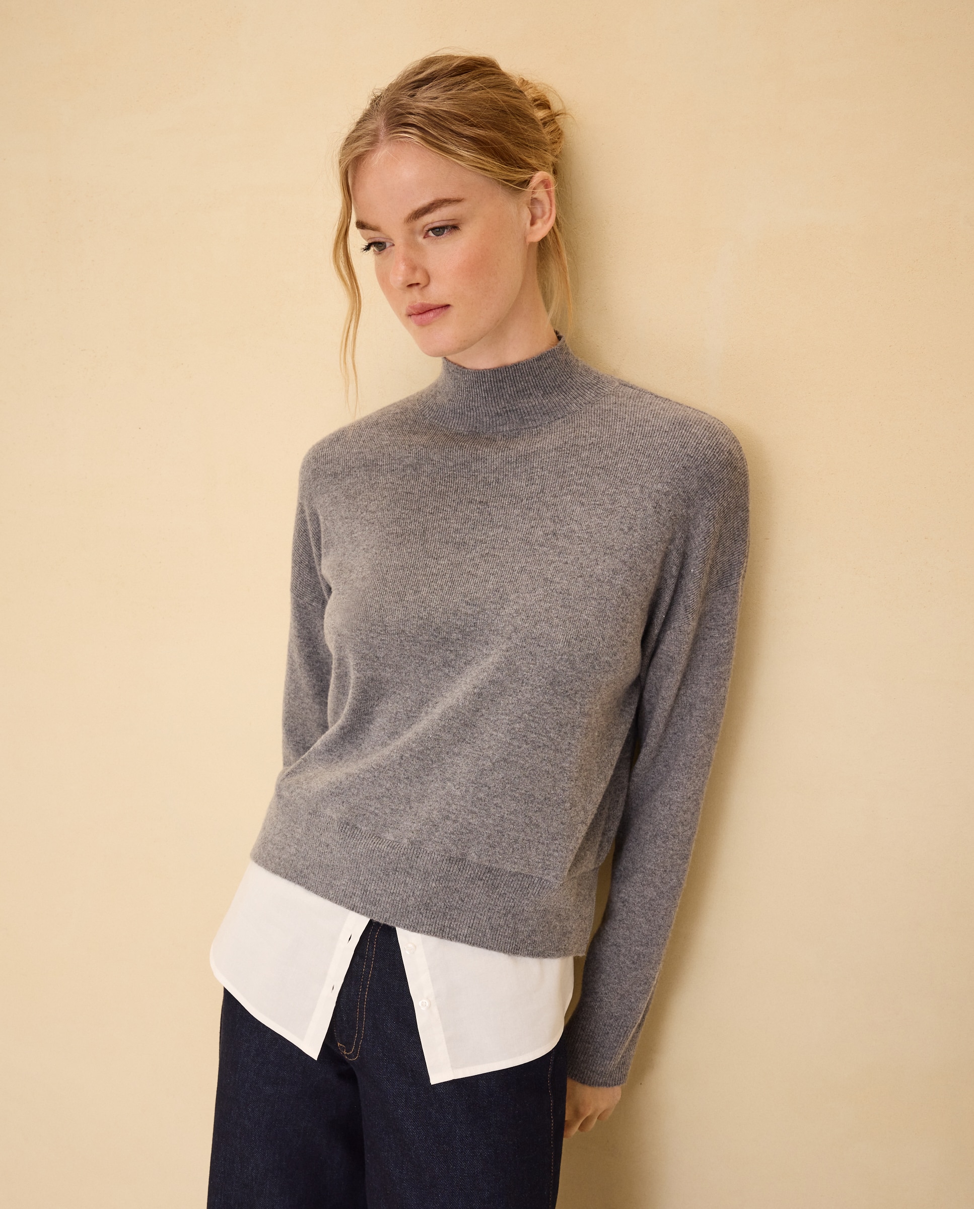 Jersey cuello alto combinado de mujer - Easy Wear - Plomo Plomo-1