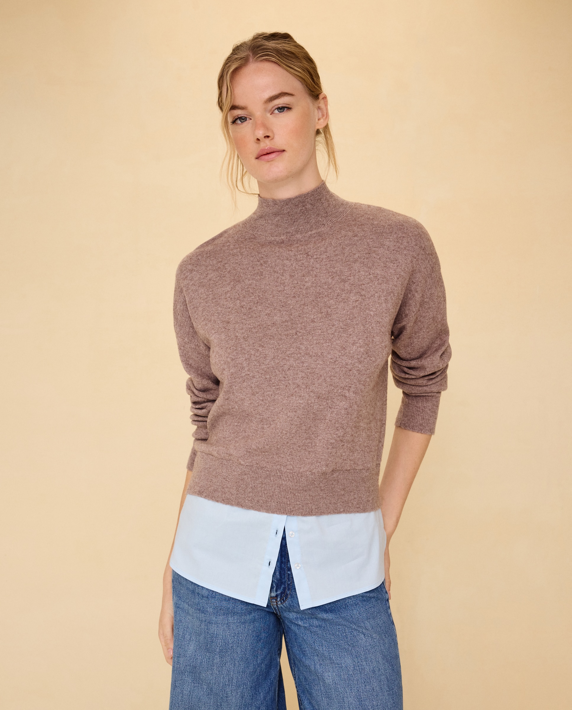 Jersey cuello alto combinado de mujer - Easy Wear - Visón claro Visón claro-2