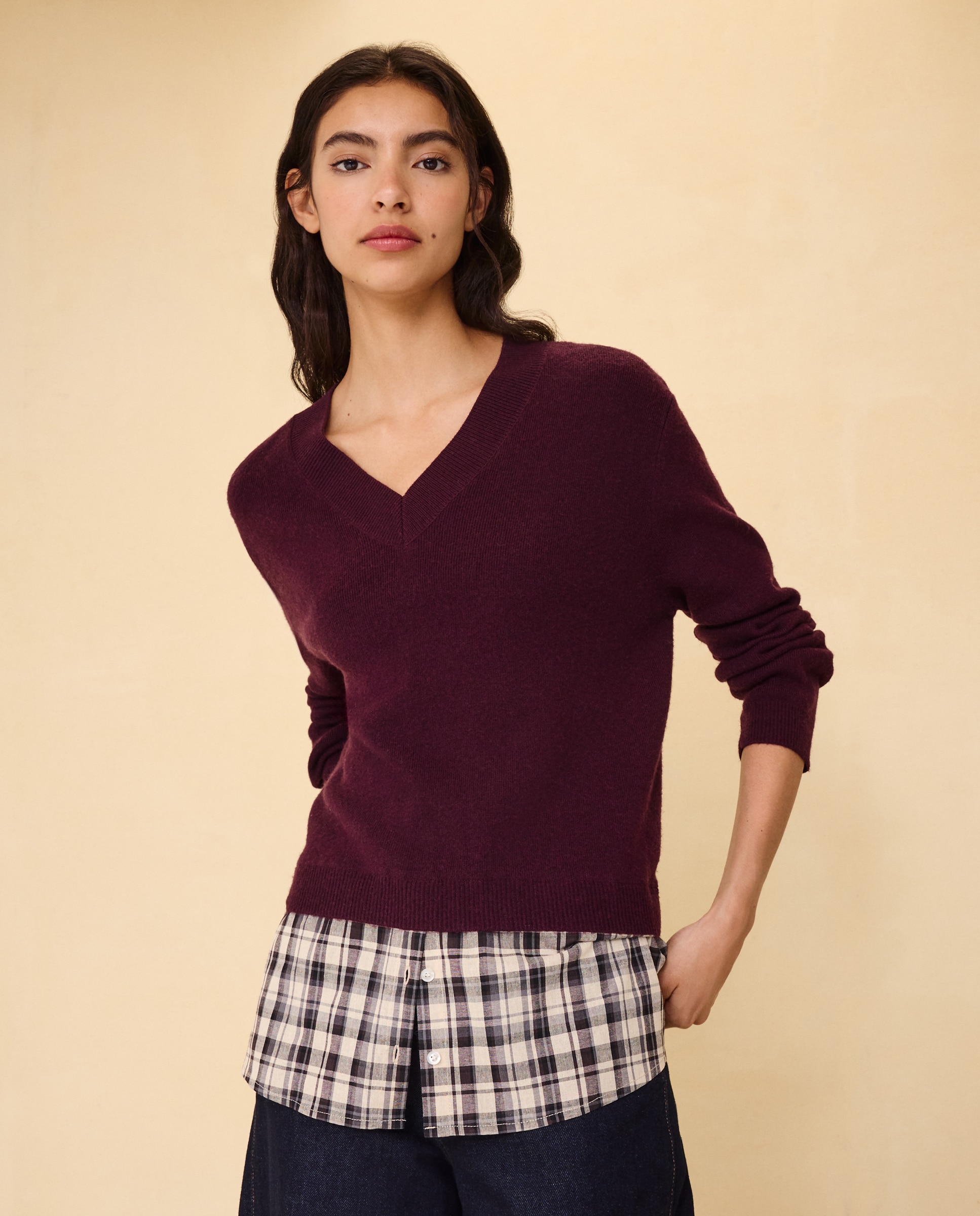 Jersey cuello pico combinado de mujer - Easy Wear - Burdeos Burdeos-2