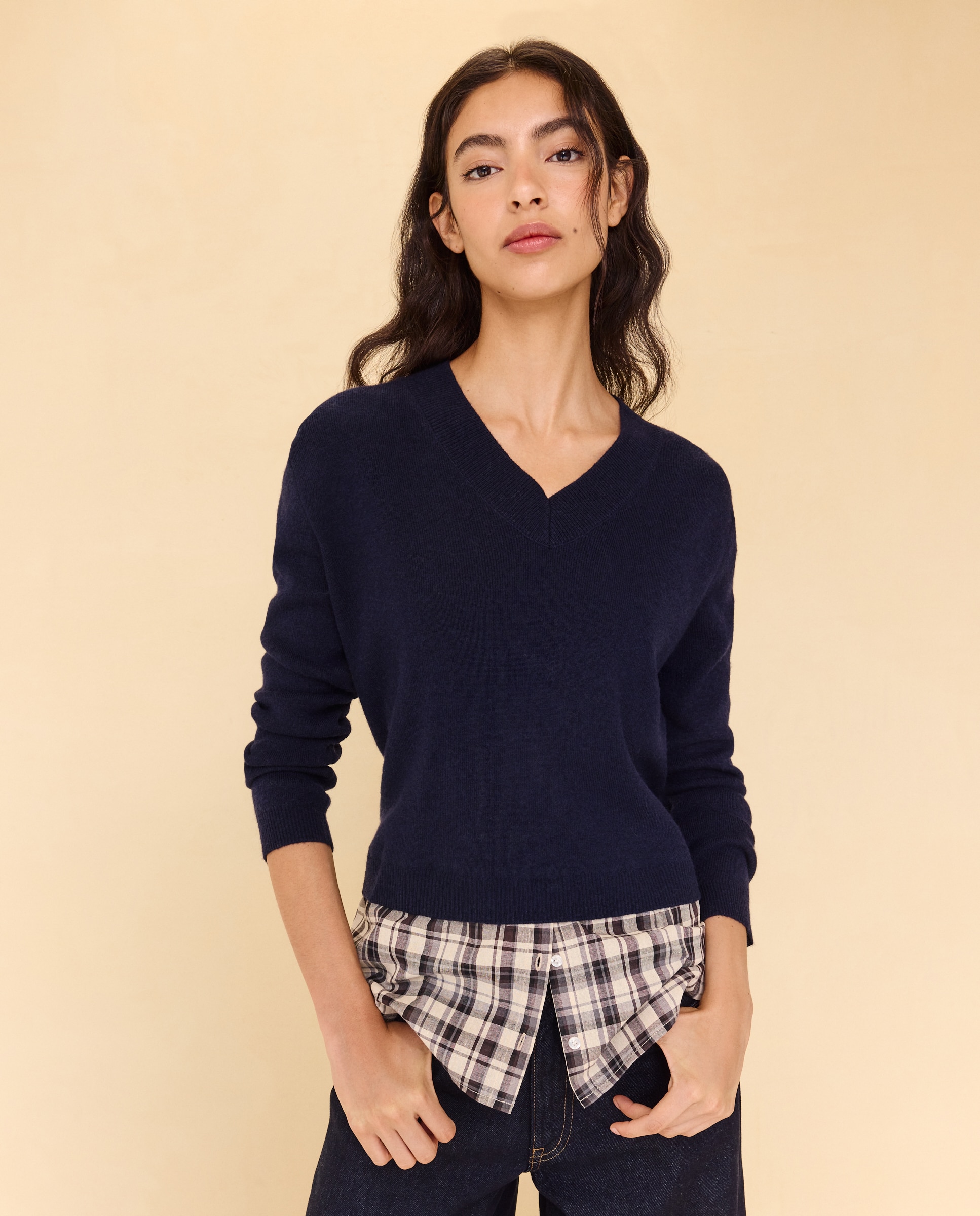 Jersey cuello pico combinado de mujer - Easy Wear - Azul marino Azul marino-1