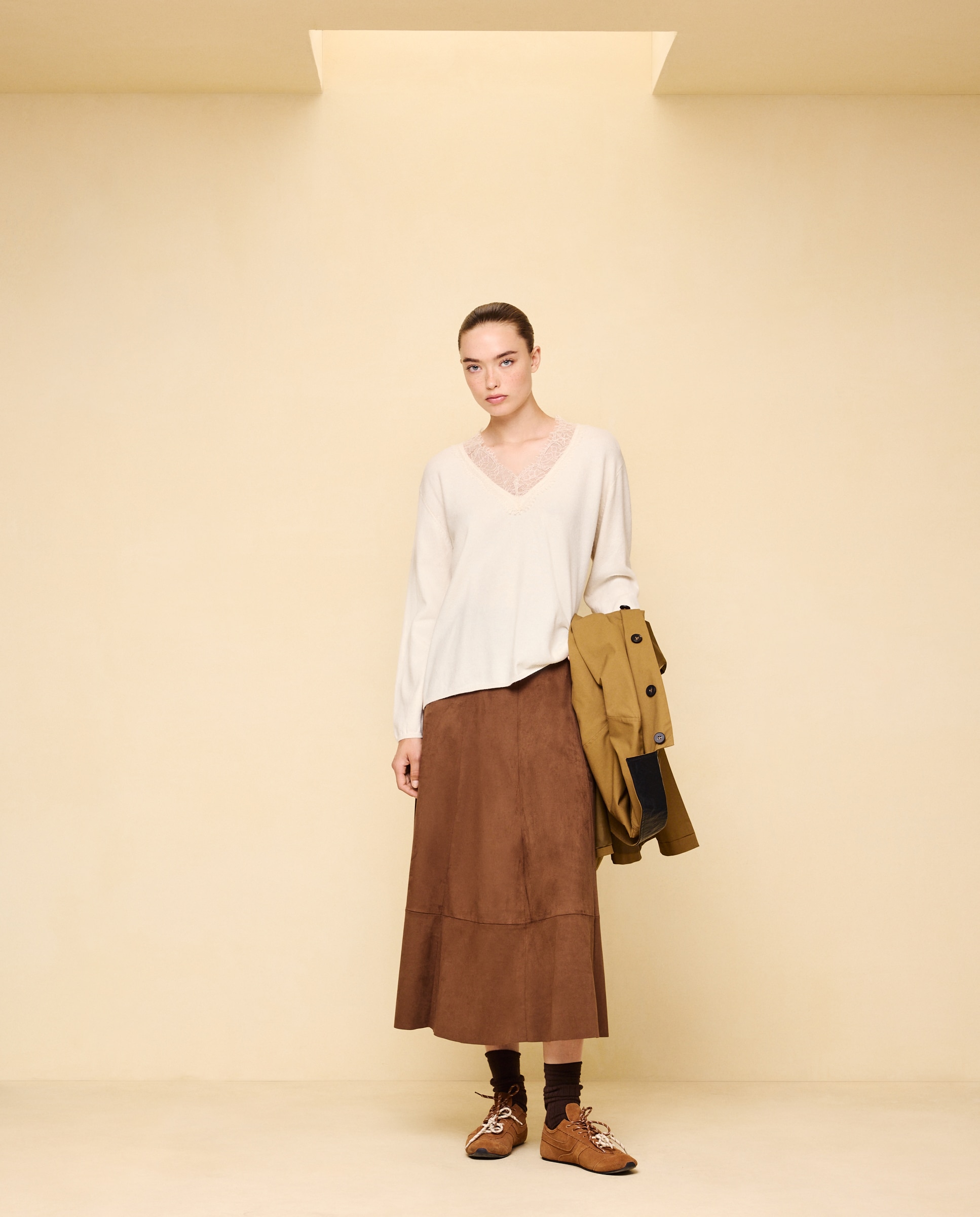 Jersey cuello pico con encaje de mujer - Easy Wear - 120 Crudo 120 Crudo-2