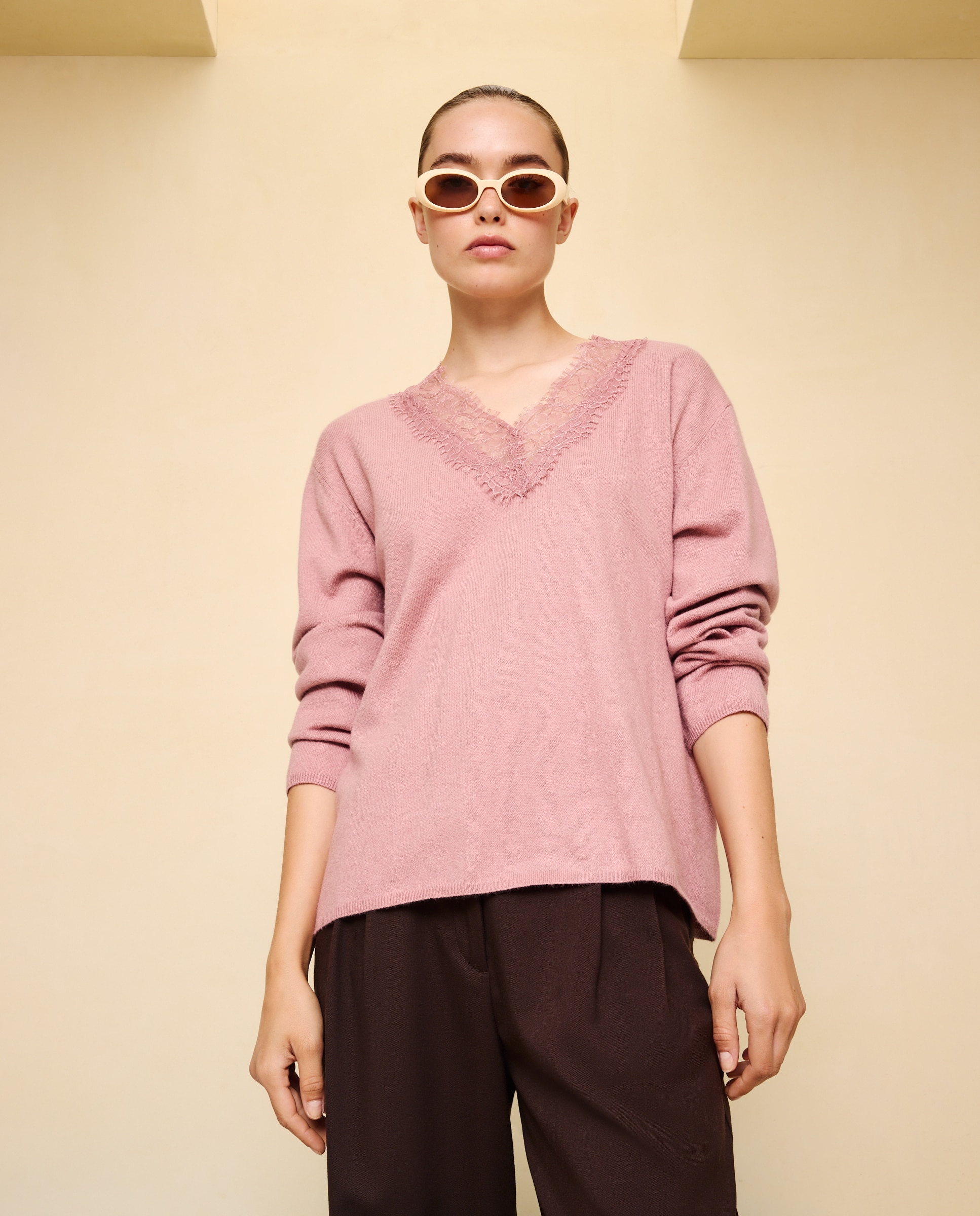 Jersey cuello pico con encaje de mujer - Easy Wear - 200 Rosa 200 Rosa-2