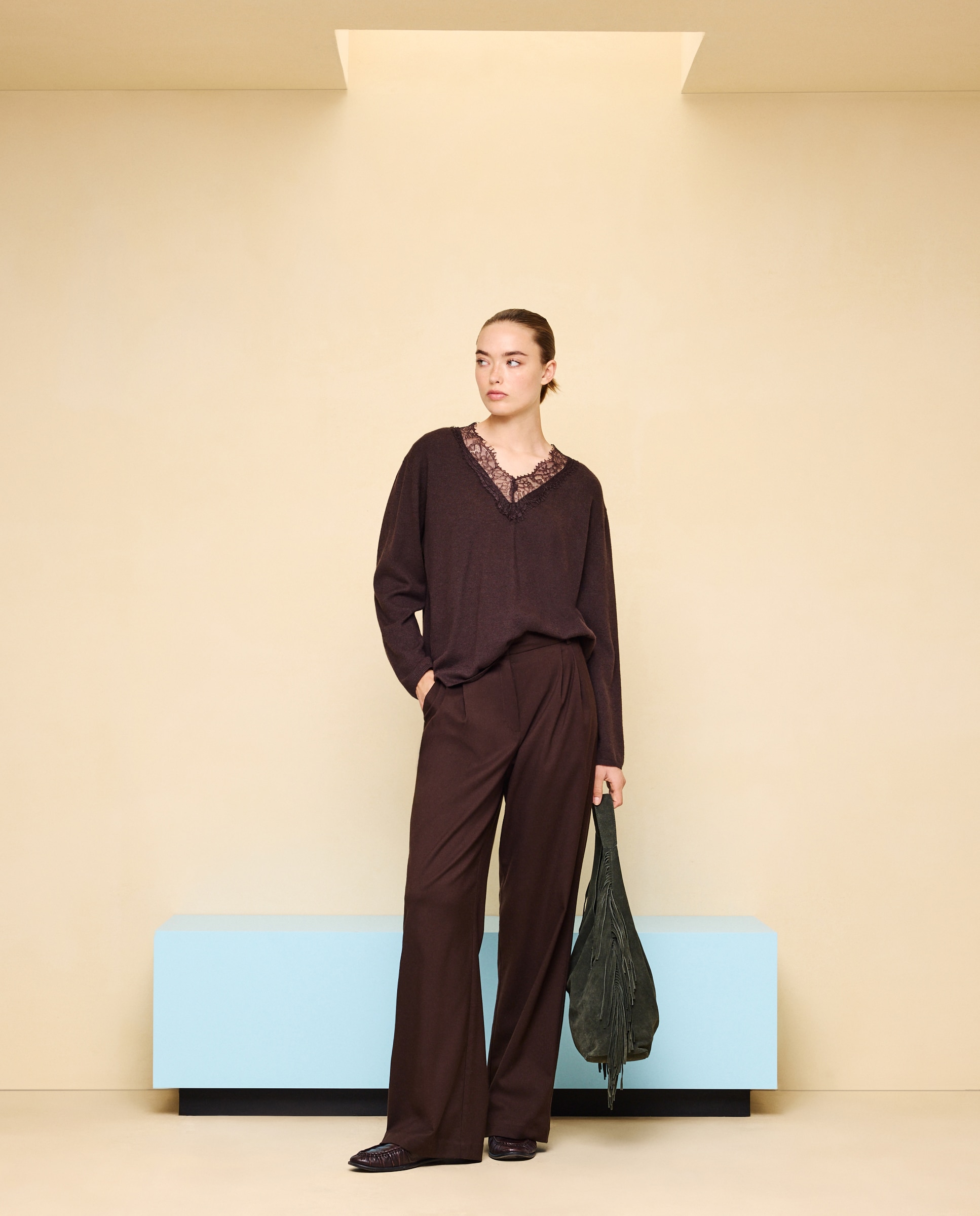 Jersey cuello pico con encaje de mujer - Easy Wear - Marrón Marrón-1