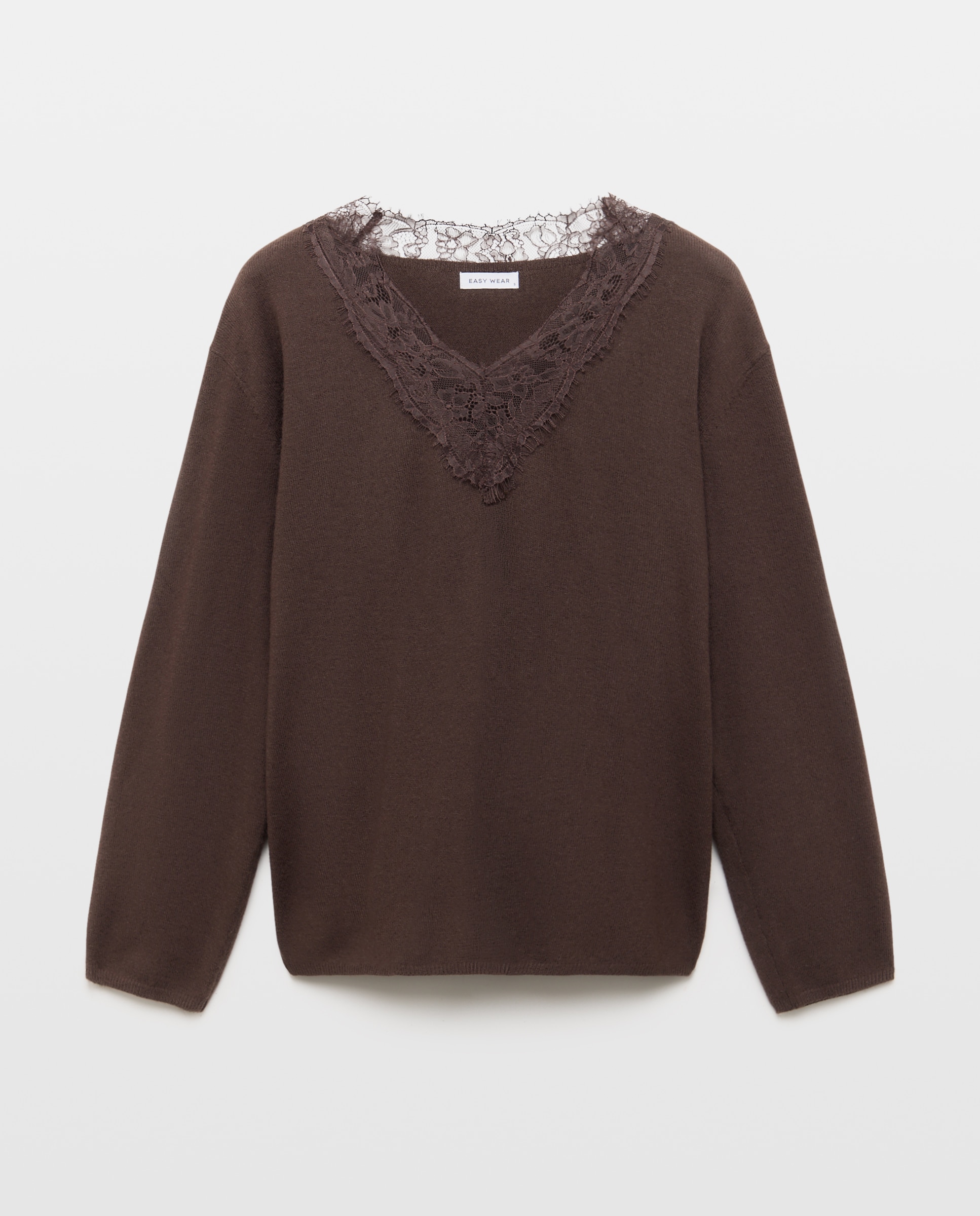 Camisola de Malha com Decote em Bico com Renda Castanho-3