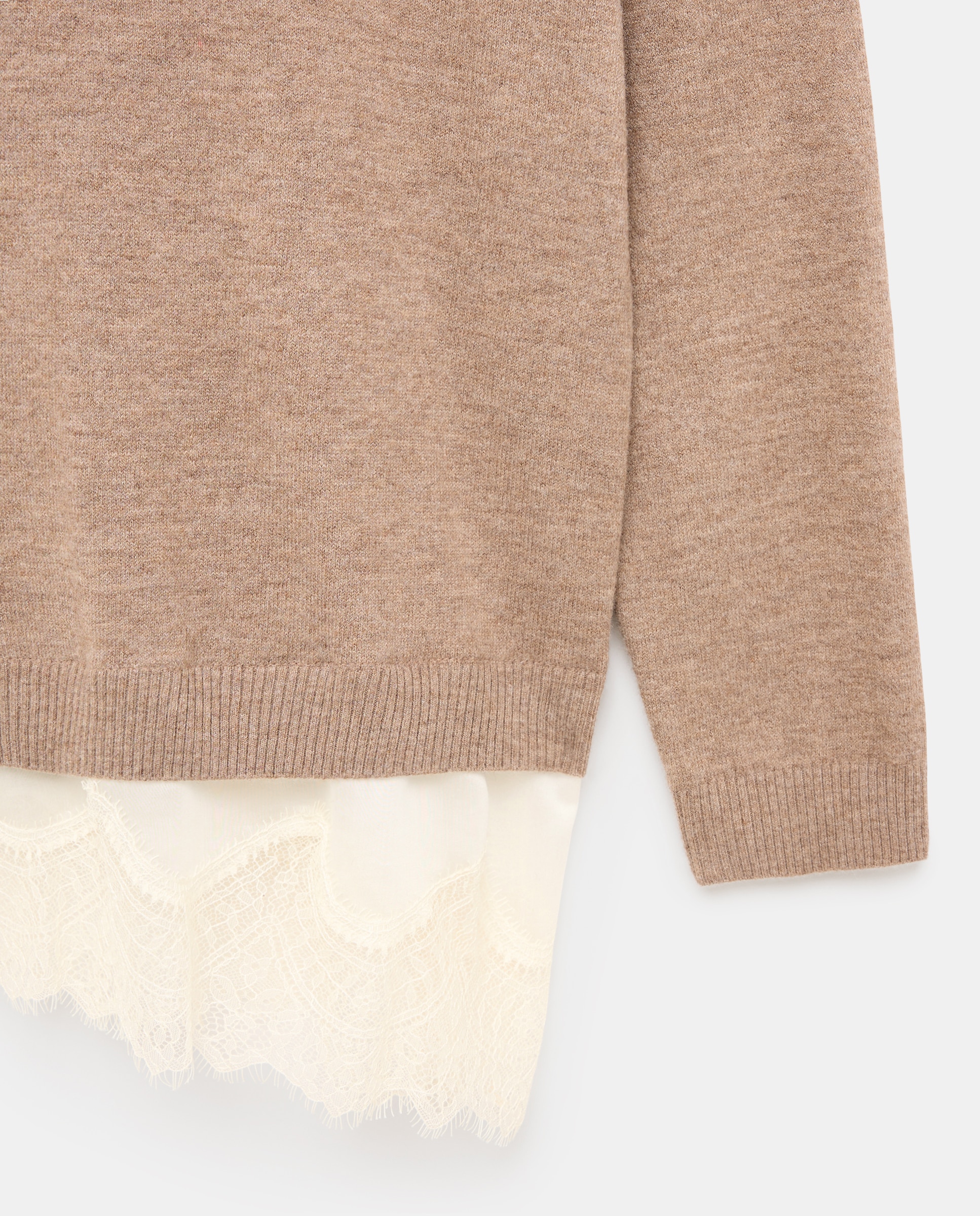 Camisola de Malha de Decote Redondo com Renda na Bainha Vison Claro-5