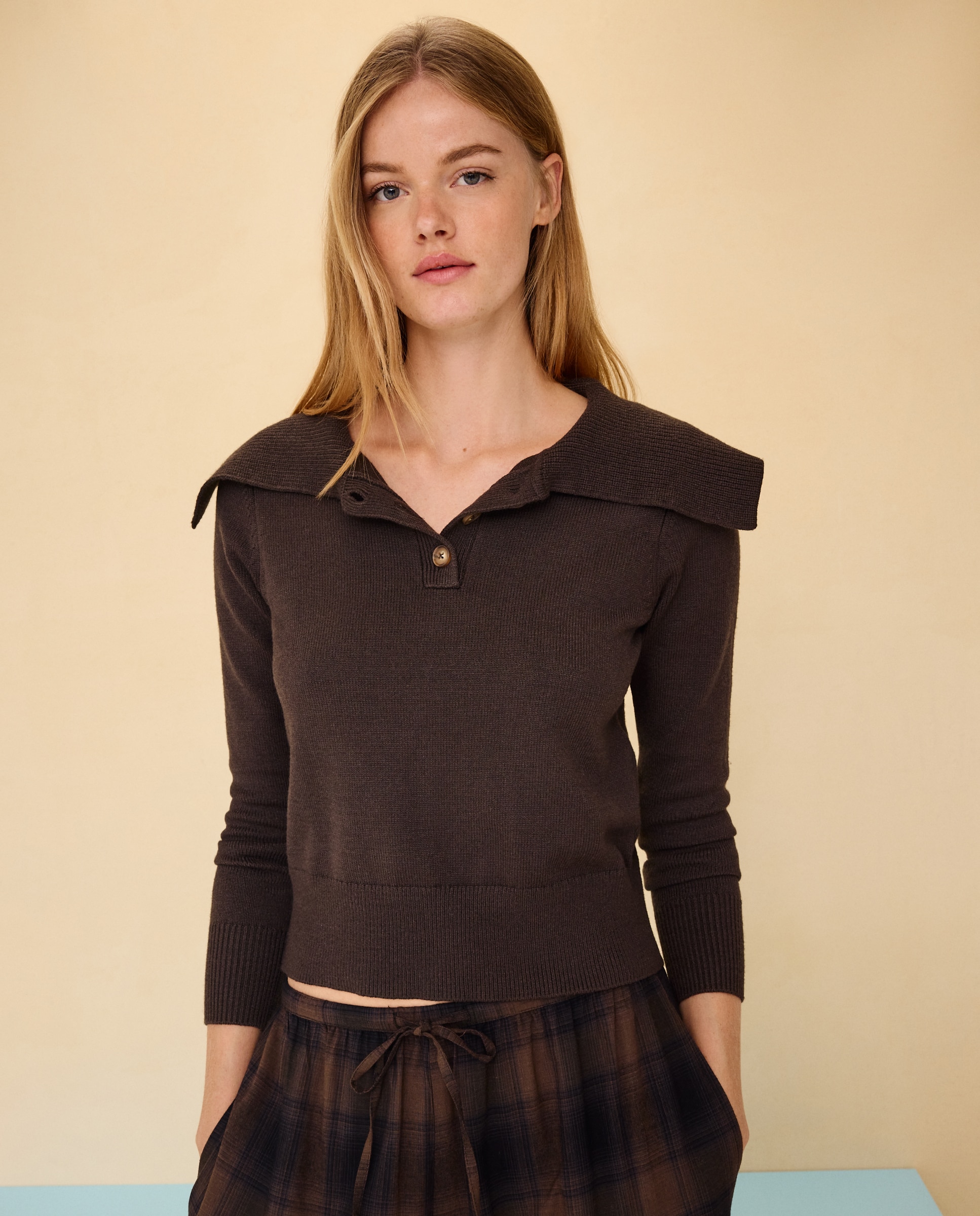 Jersey cuello polo abierto de mujer - Easy Wear - Marrón Marrón-1