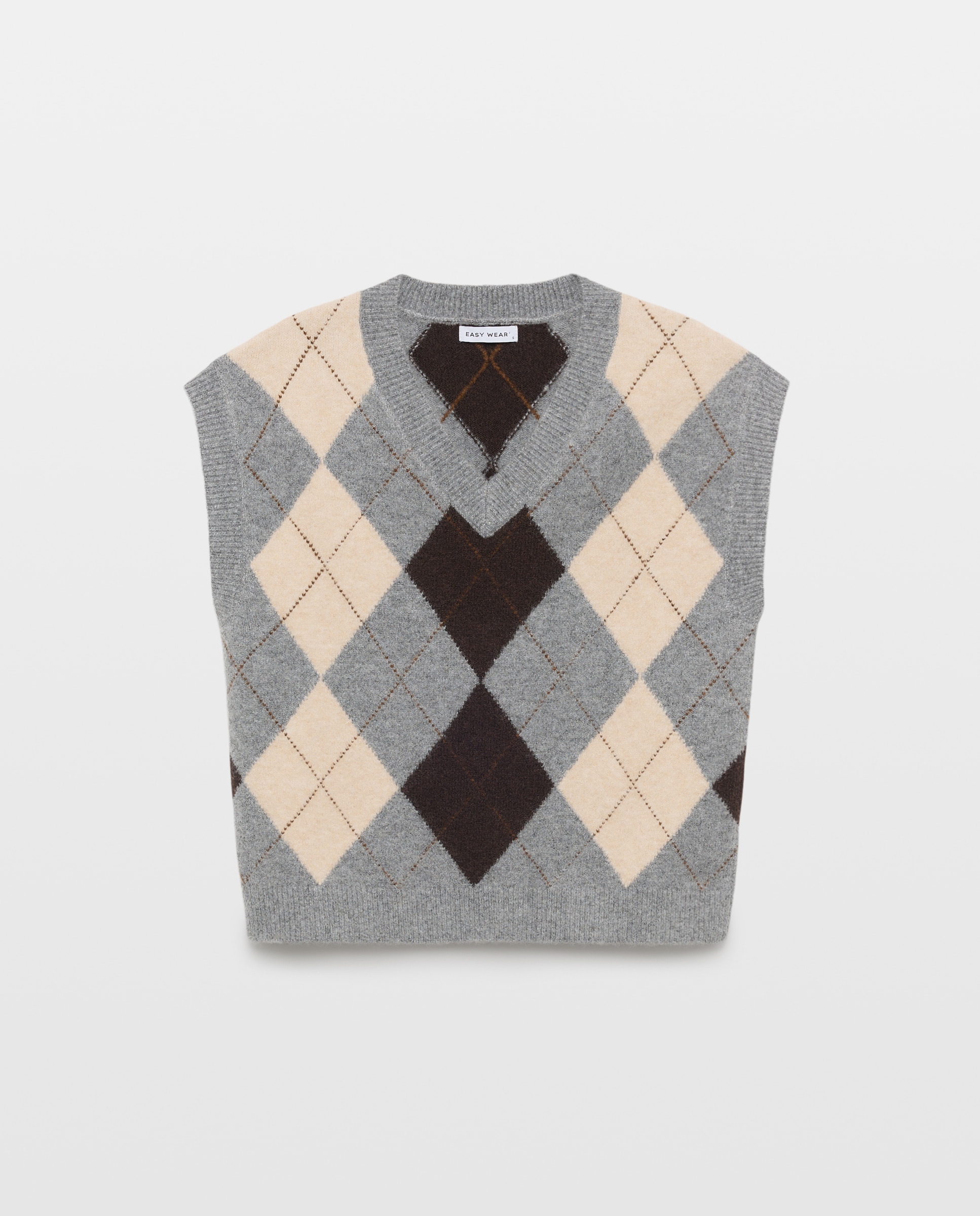 Chaleco de mujer de tricot cuello pico con rombos de mujer - Easy Wear - Marrón Marrón-4