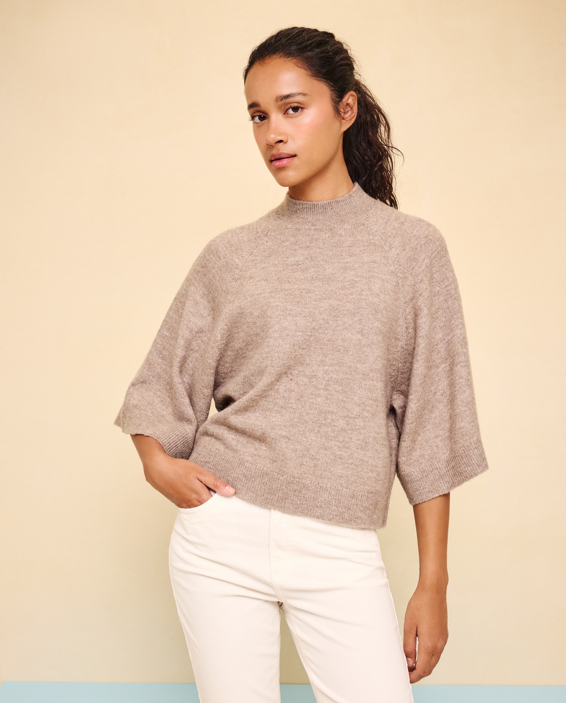 Jersey cuello redondo manga ancha de mujer - Easy Wear - Visón claro Visón claro-1