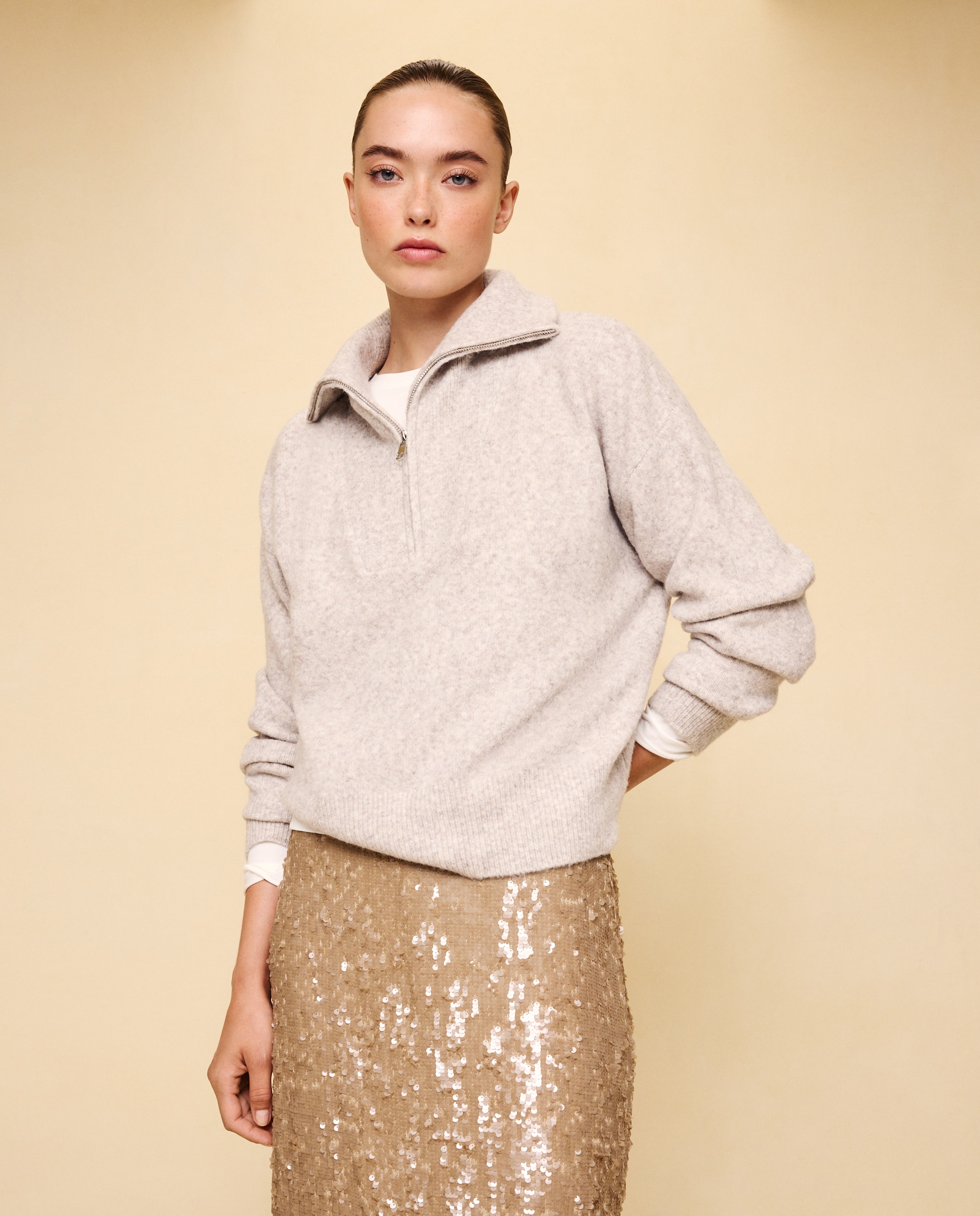 Jersey soft con cremallera en cuello de mujer - Easy Wear - 120 Crudo 120 Crudo-4