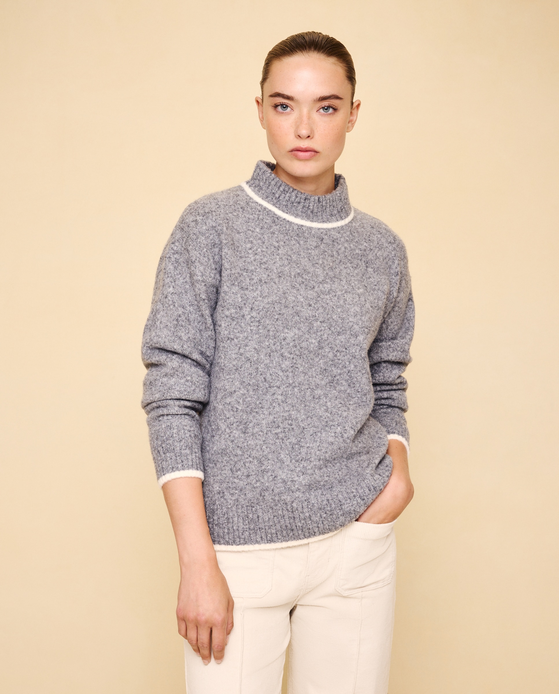 Jersey soft con cuello redondo y detalles en contraste de mujer - Easy Wear - 820 Gris medio 820 Gris medio-1