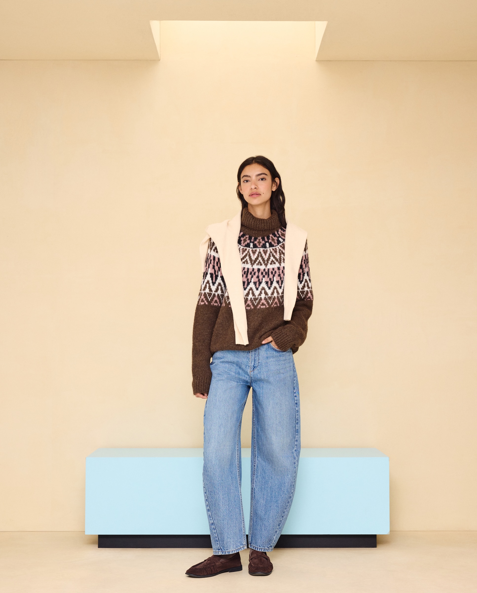 Imagen 0 de Jersey cuello vuelto con Jacquard de mujer Marrón
