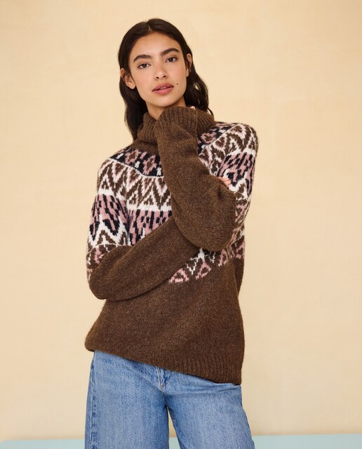 Imagen 1 de Jersey cuello vuelto con Jacquard de mujer Marrón