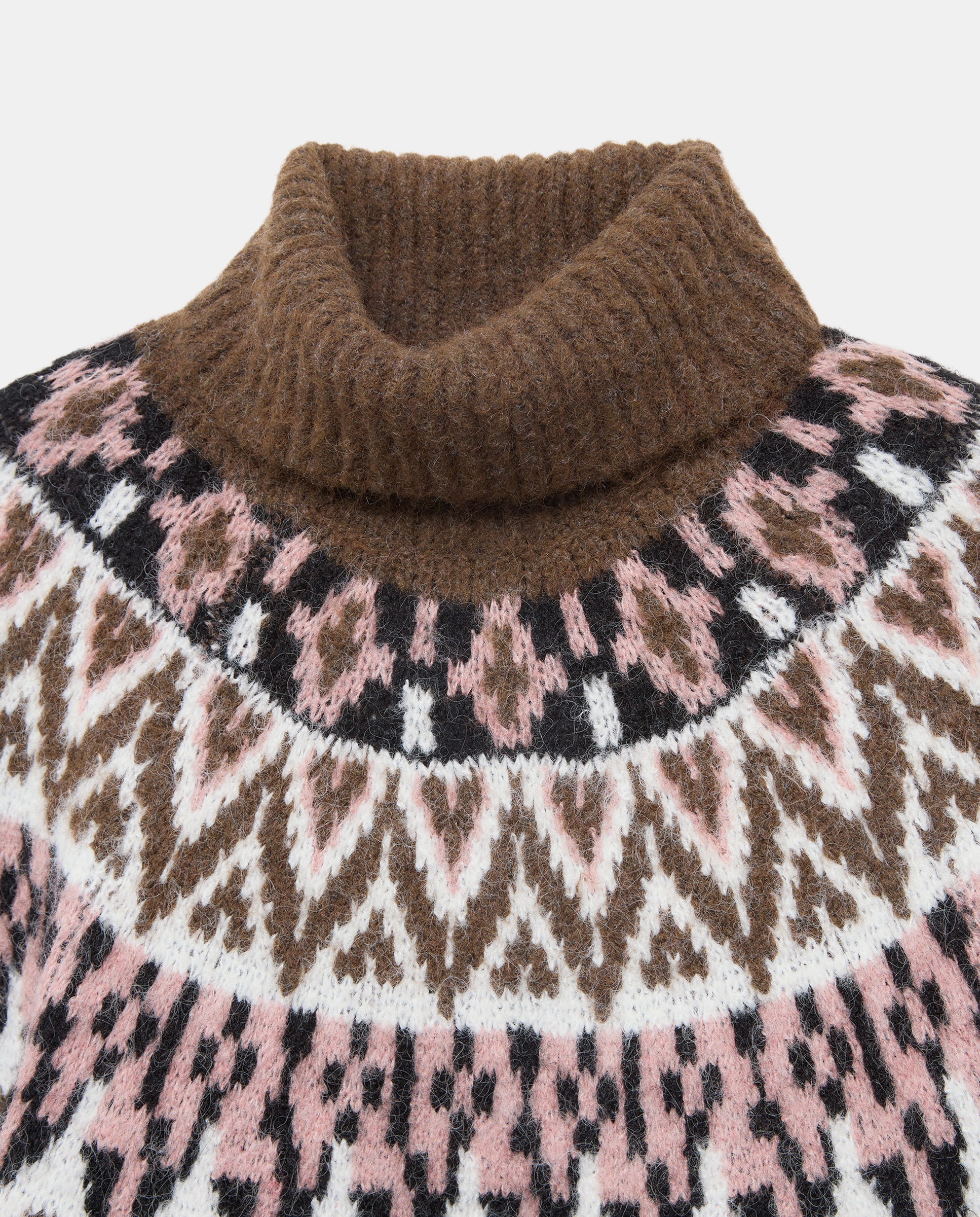Camisola de Malha com Gola Dobrada com Jacquard Castanho-2