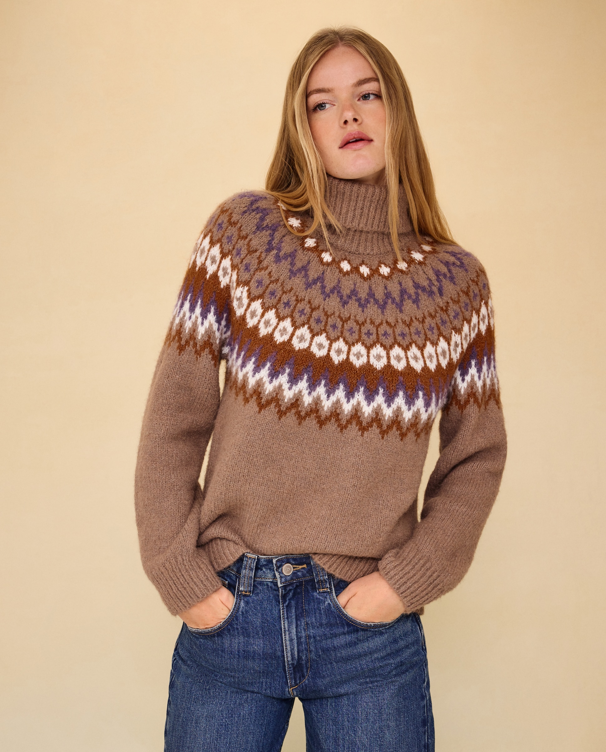 Jersey cuello vuelto con Jacquard de mujer - Easy Wear - Camel Camel-1