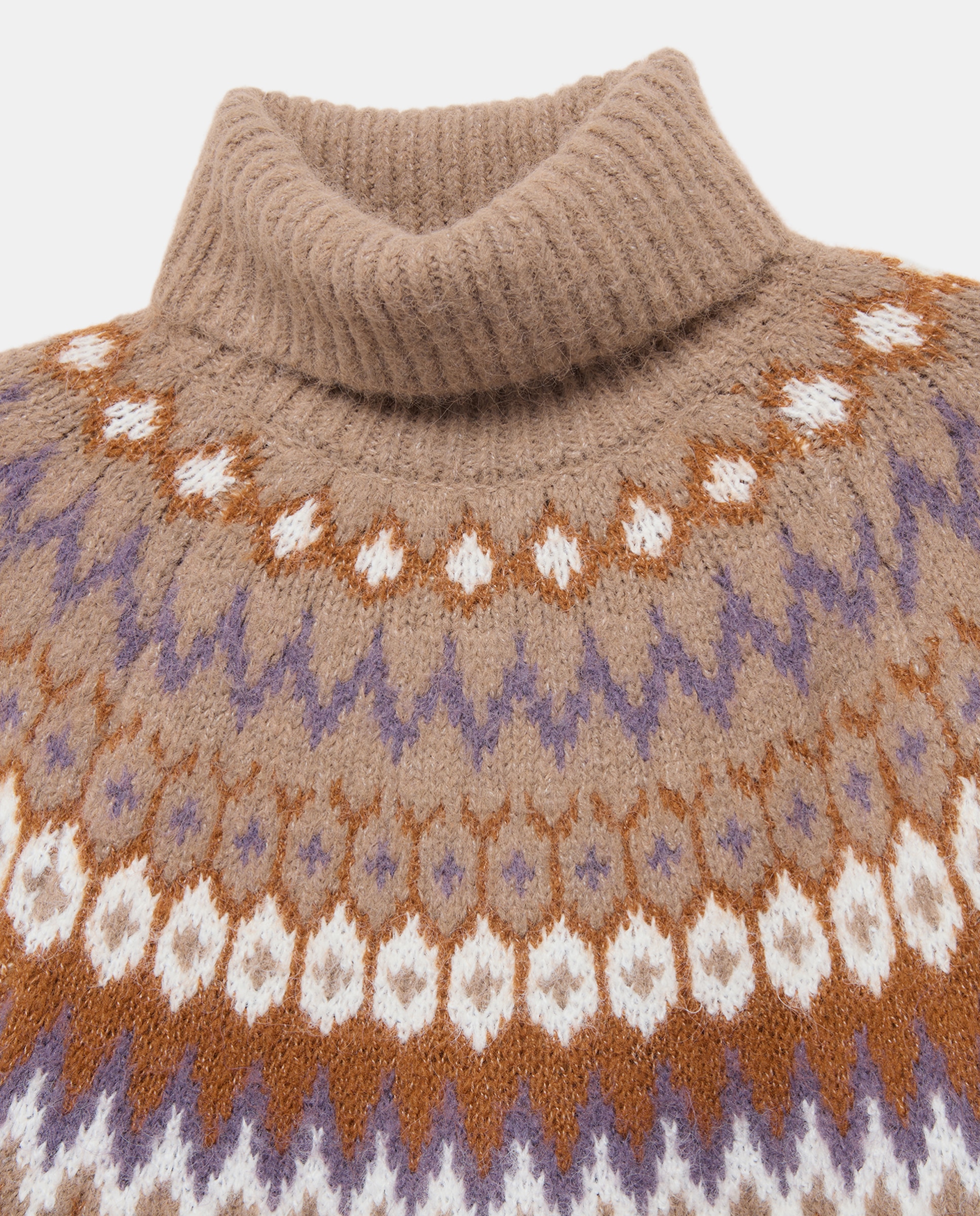 Camisola de Malha com Gola Dobrada com Jacquard Camel-2