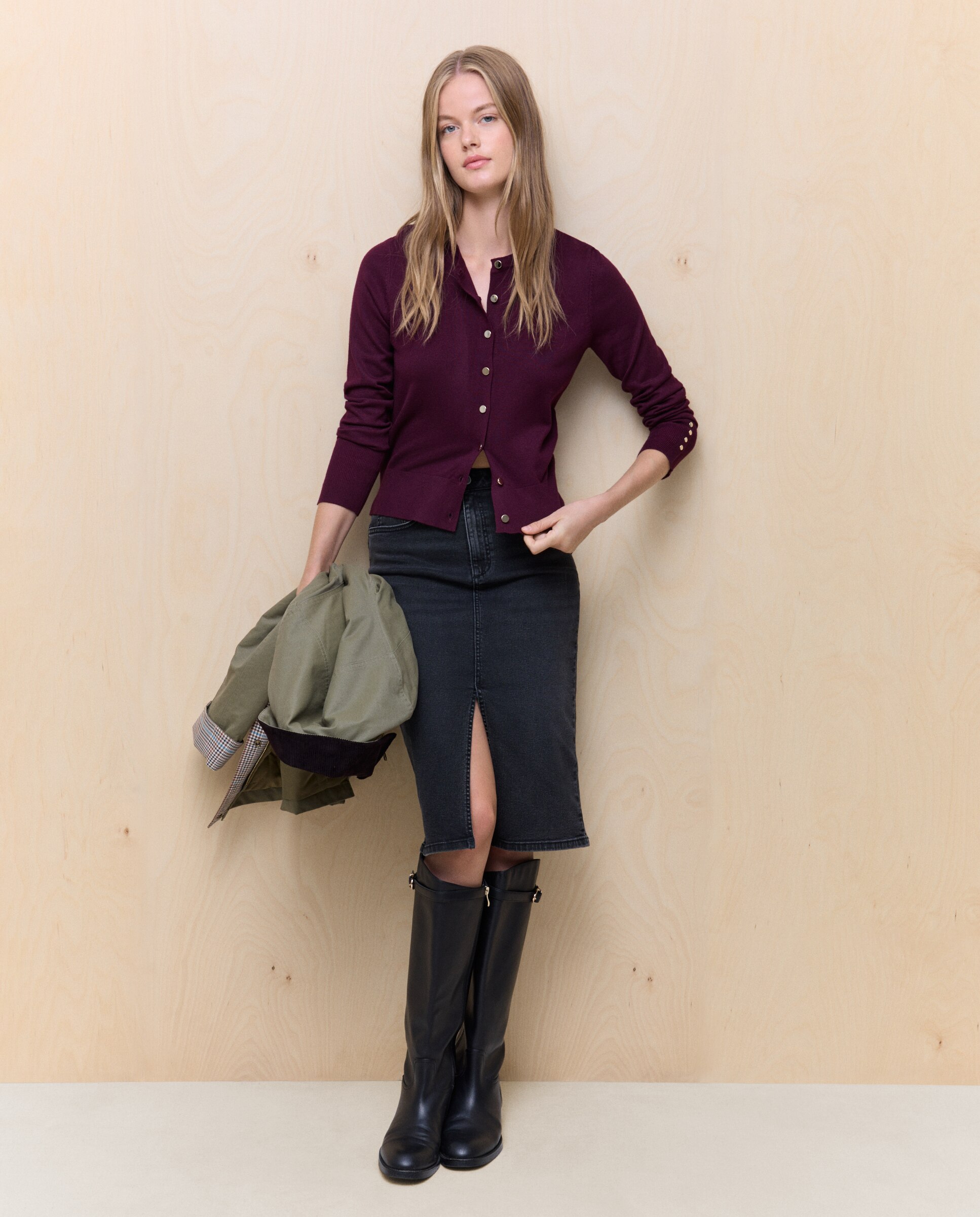 Casaco de Malha de Decote Redondo Bordeaux-2