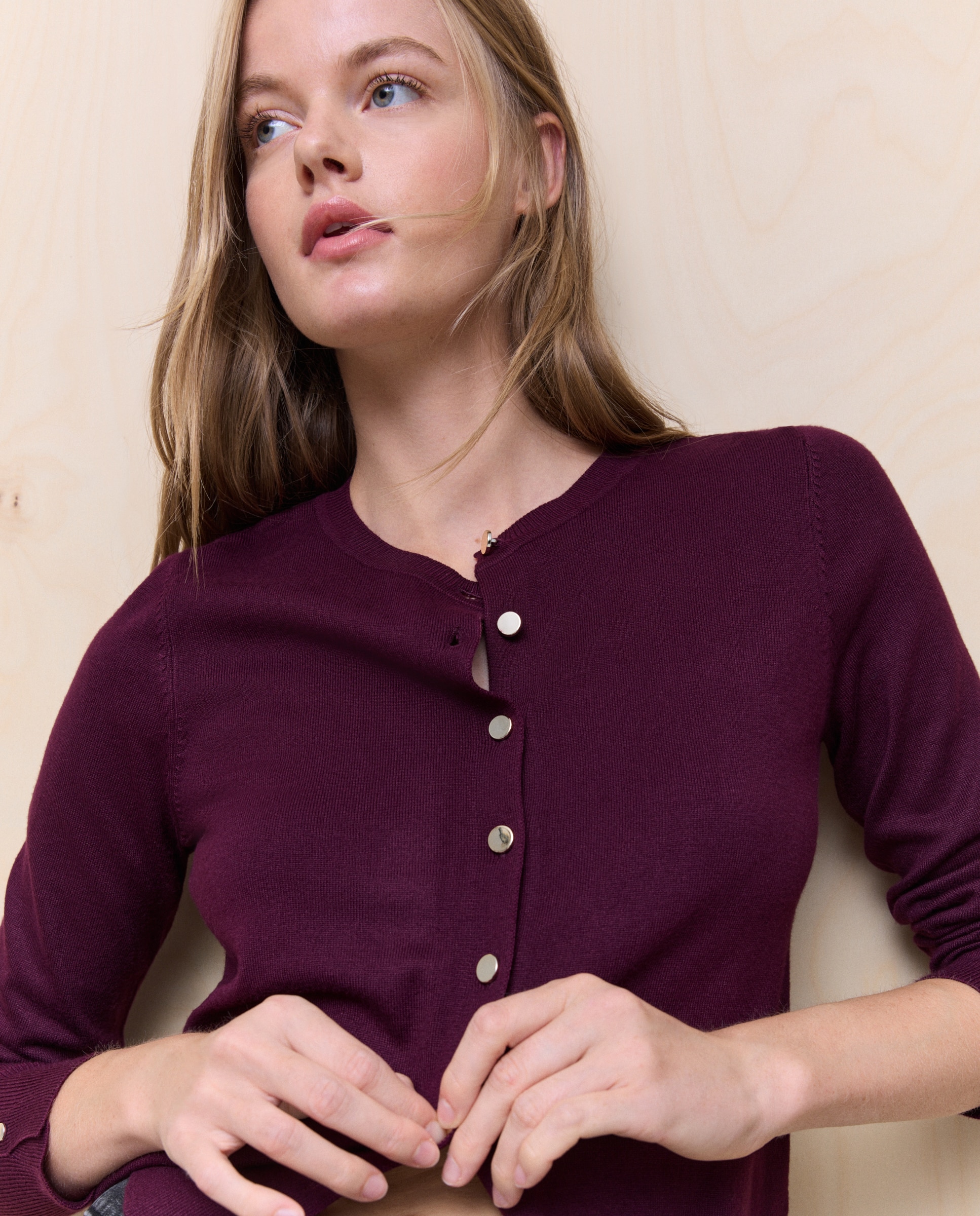 Casaco de Malha de Decote Redondo Bordeaux-3